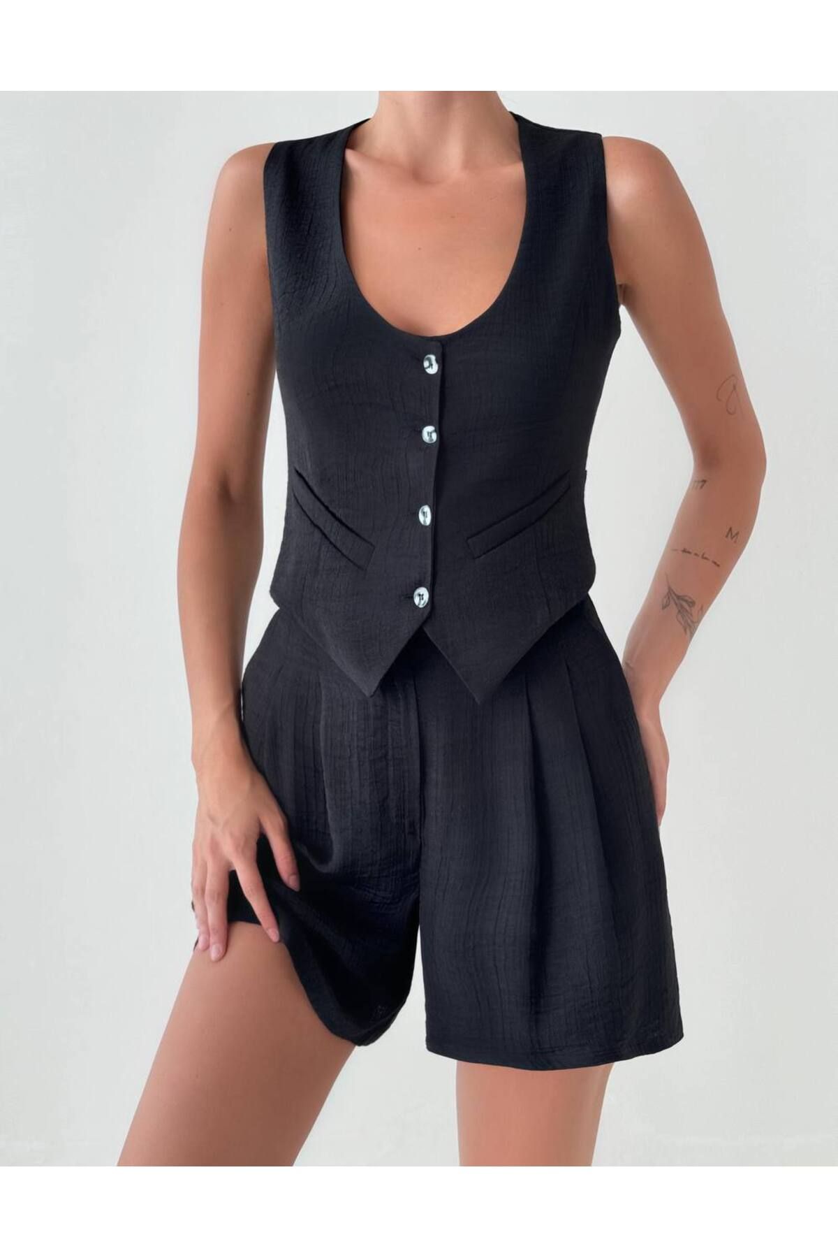 Lady Pixie Kadın Cep Detay Yelek Şort Takım