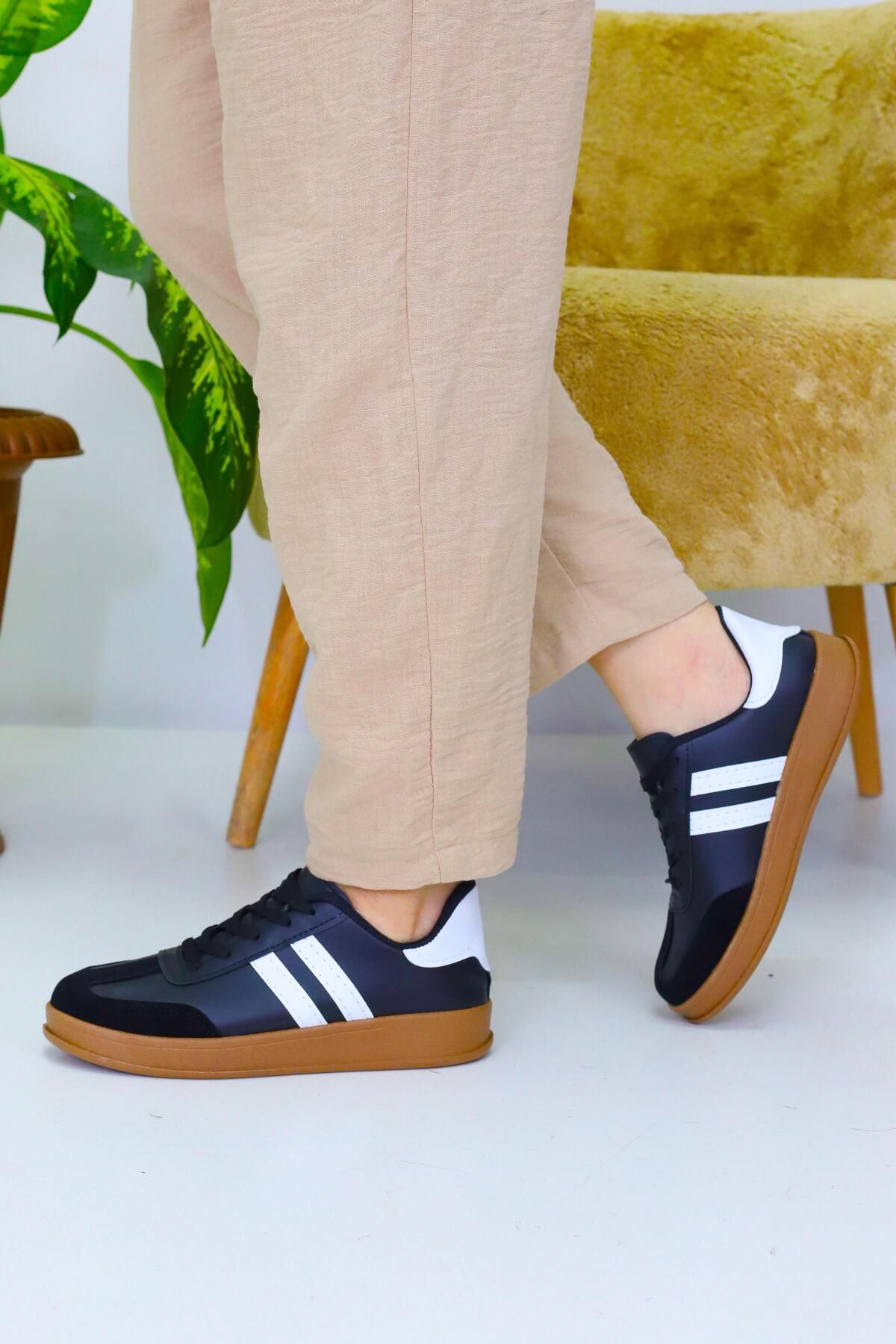 OBAY LİFE Unisex Siyah 2 Şeritli Kahve Tabanlı Günlük Spor Ayakkabı NBR4072