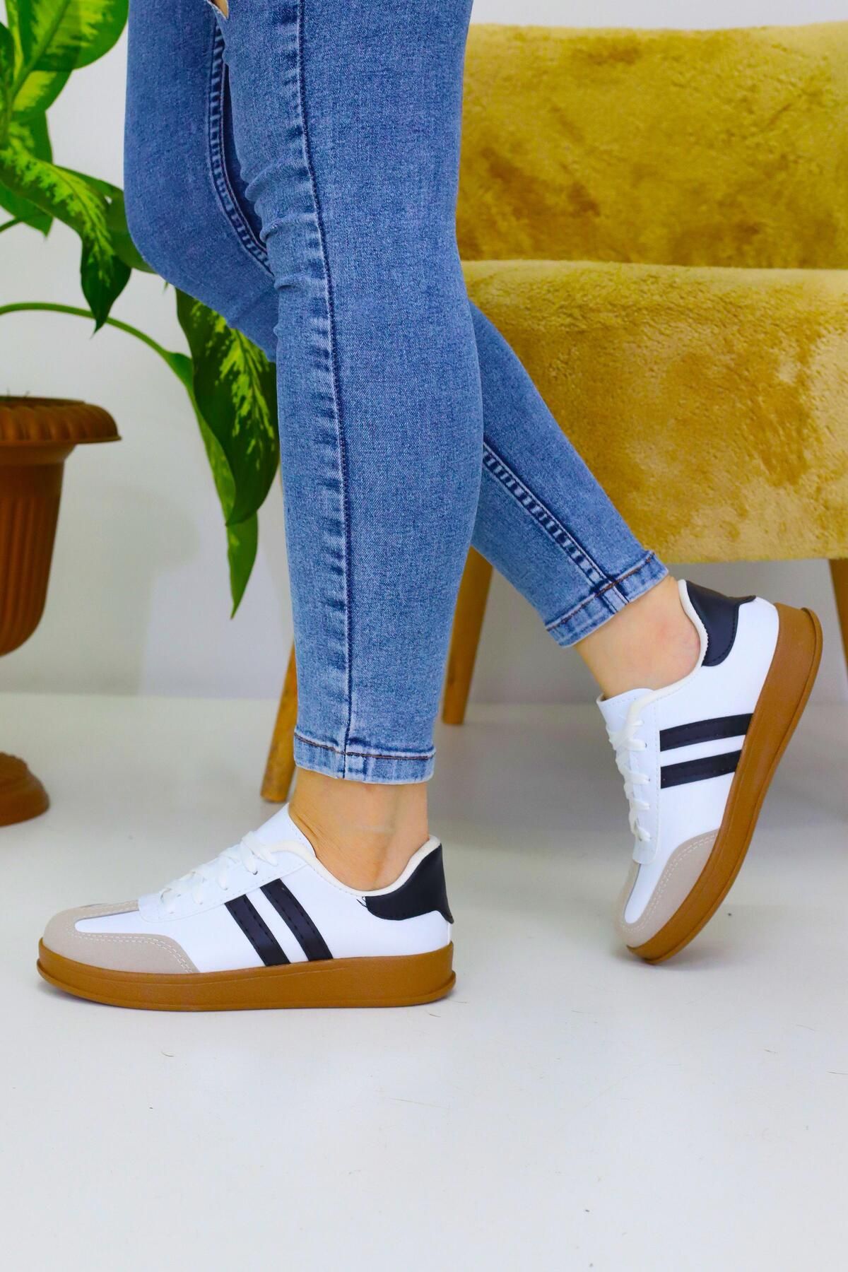 Nubbock Unisex Beyaz Siyah 2 Şeritli Kahve Tabanlı Günlük Spor Ayakkabı NK4072
