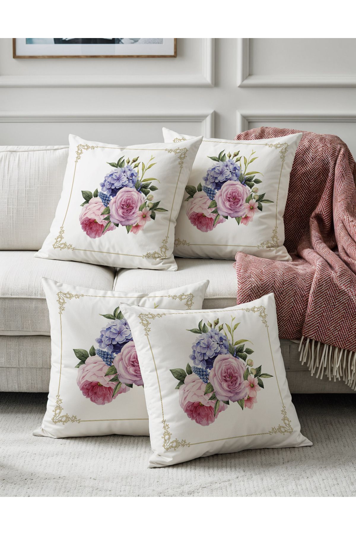 Pillow Home Beyaz Zemin Pembe Mor Çiçek Desenli Dijital Baskılı Dekoratif 4lü Kırlent Kılıfı Seti