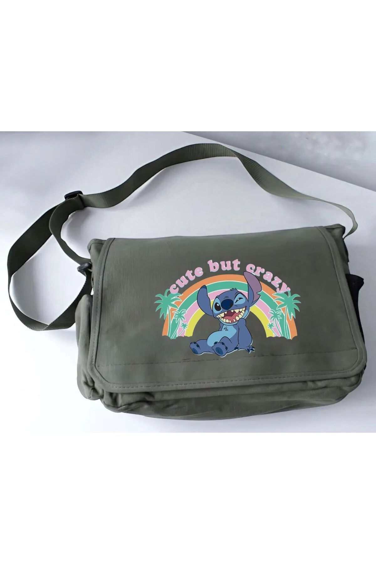 DEEFWEAR Haki Stirch Cute But Crazy Baskılı Okul , Kurs , Dershane Postacı Çantası