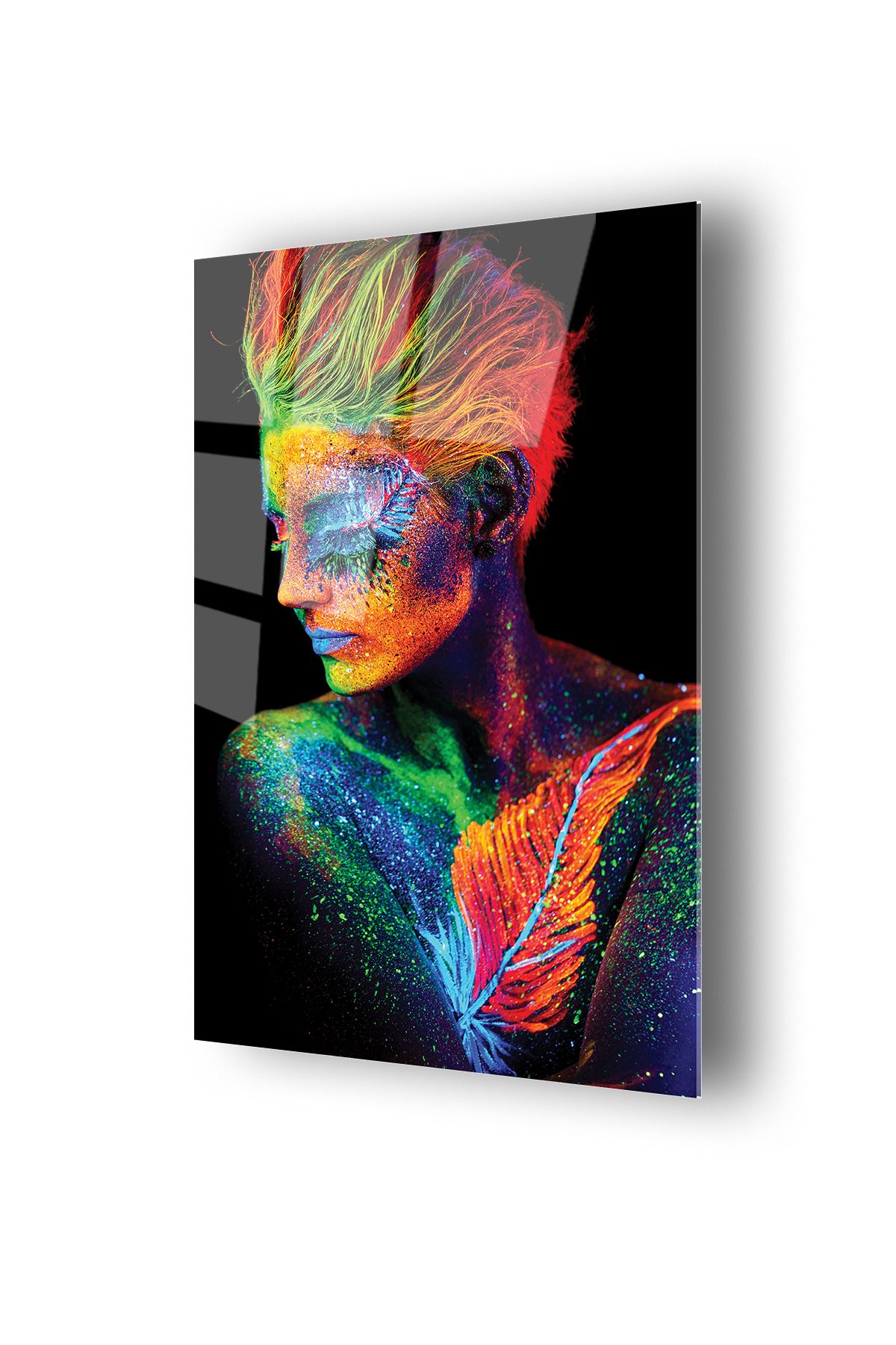 no77decor Neon Kadın Siyah Arka Plan Temalı Cam Tablo