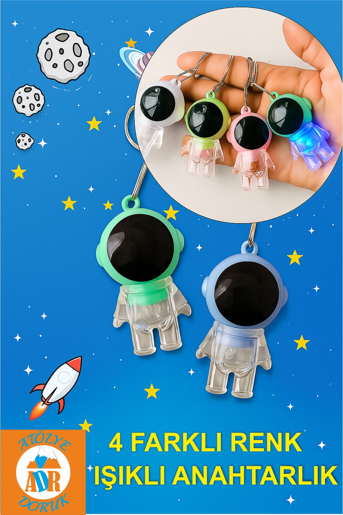 Atolye Doruk 4 Adet Işıklı Astronot Anahtarlık-Uzay Konsepti Parti Hediyelik-4 Renk Astronot Çanta Aksesuar