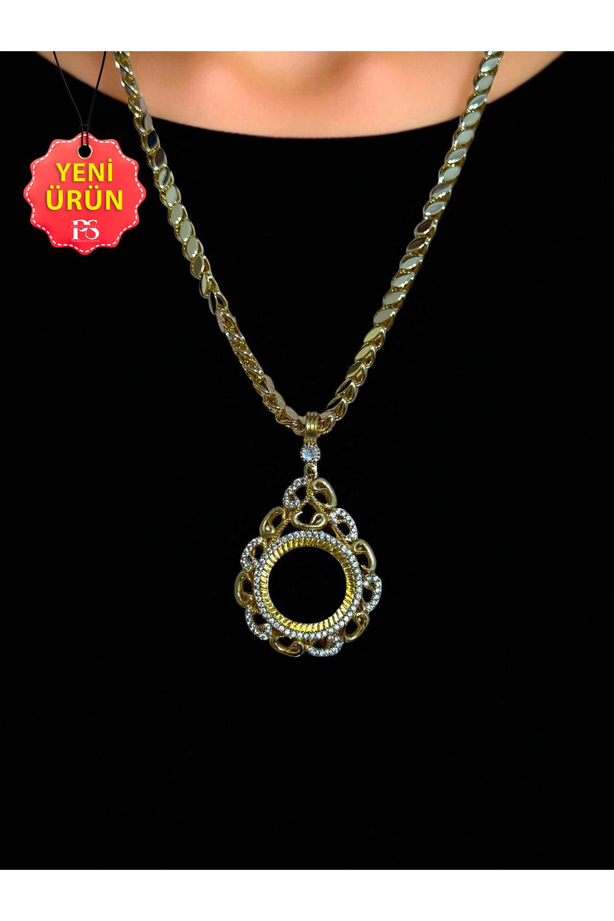 stainless steell Tefnut Yarım Altın Çerçeveli Kolye (Altın Kaplama) – Arpa Pullu Zincir 60 cm