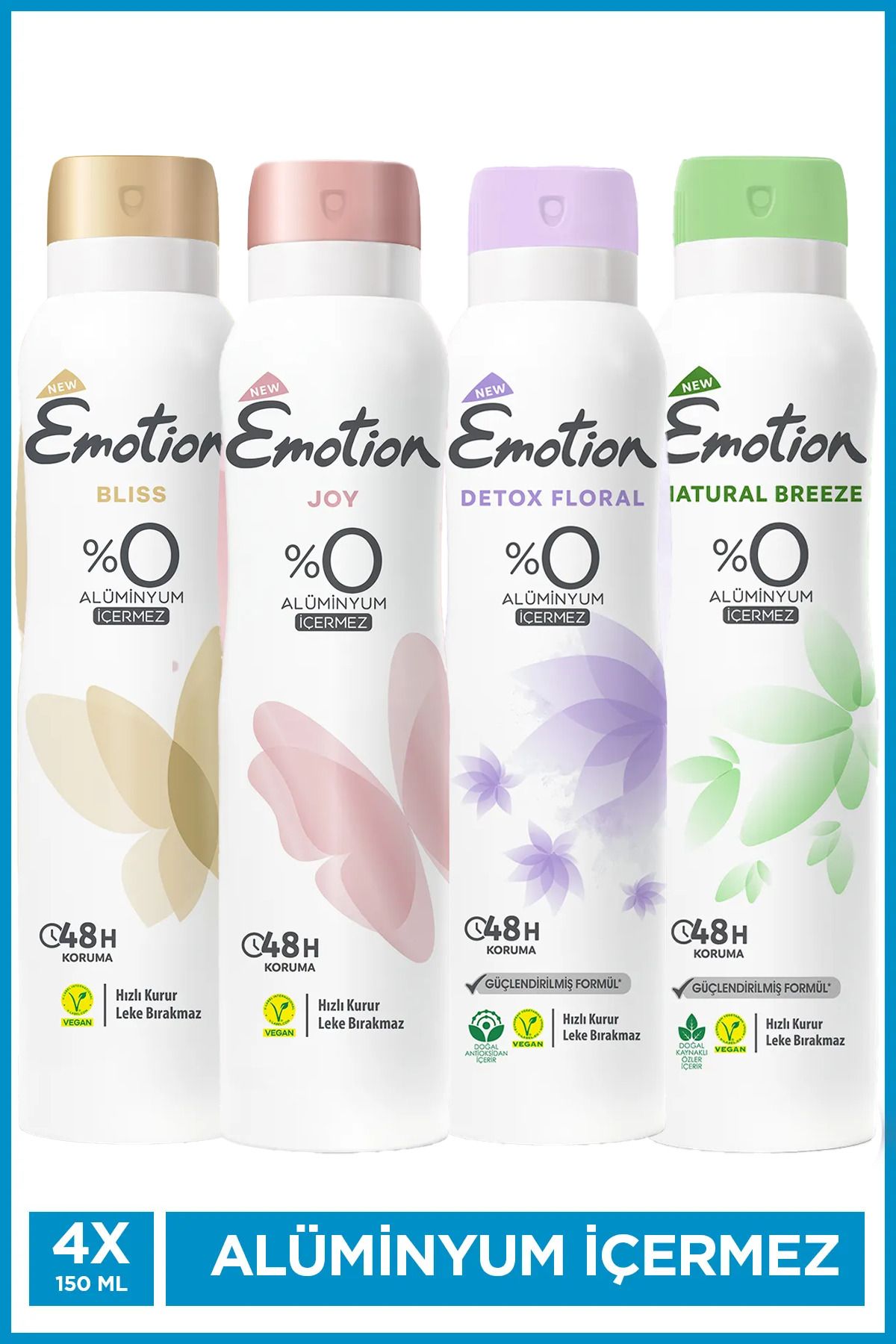 Emotion Vegan Deodorant 4x150 Ml (Floral, Breeze, Bliss & Joy) Hızlı Kurur, Leke Bırakmaz