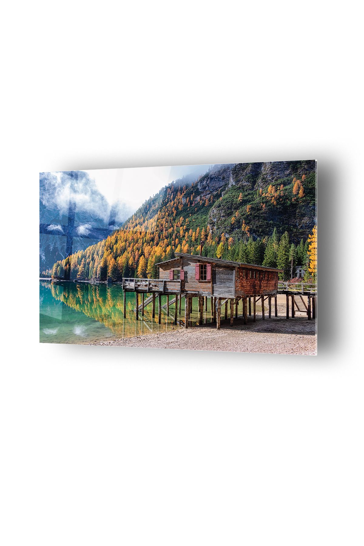 no77decor Manzaralı Ahşap Ev Temalı Cam Tablo