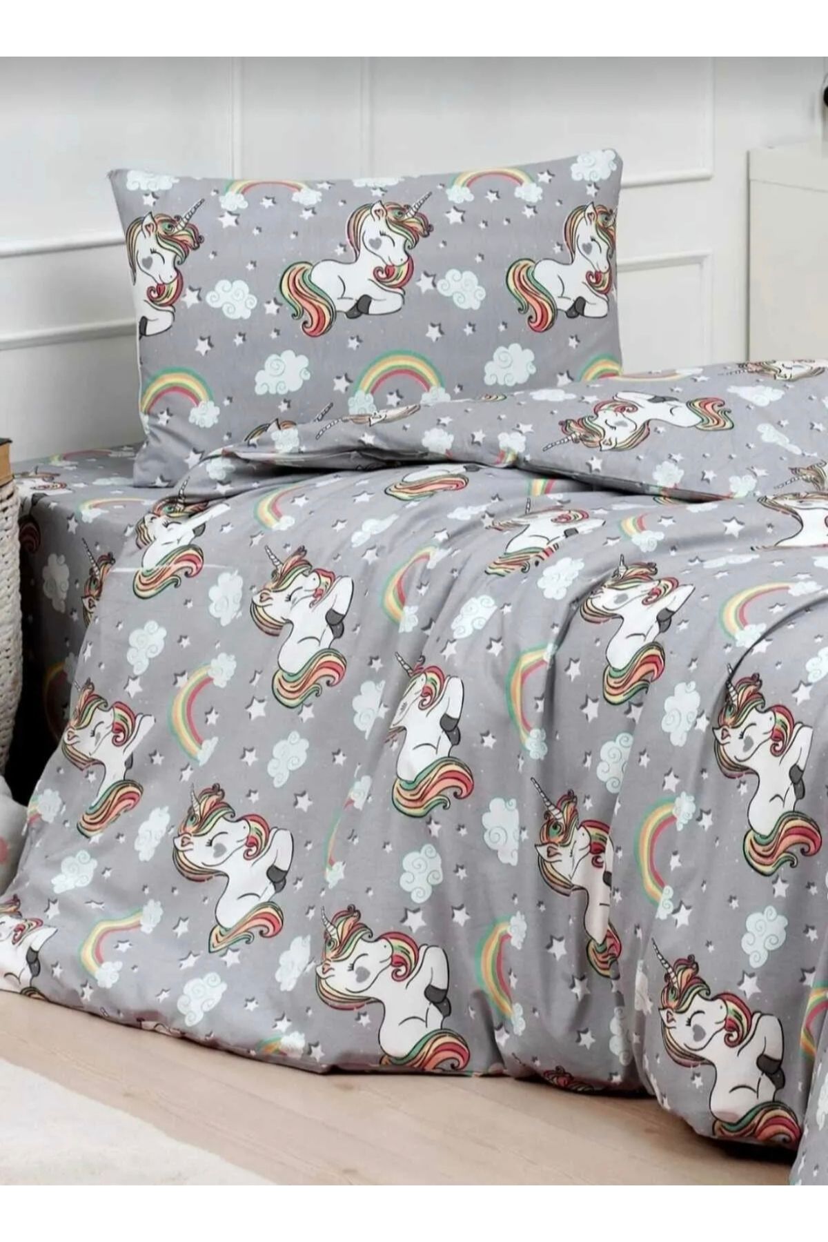 AsilHome Pamuklu ranforce kumaş tek kişilik unicorn desen nevresim tam takım