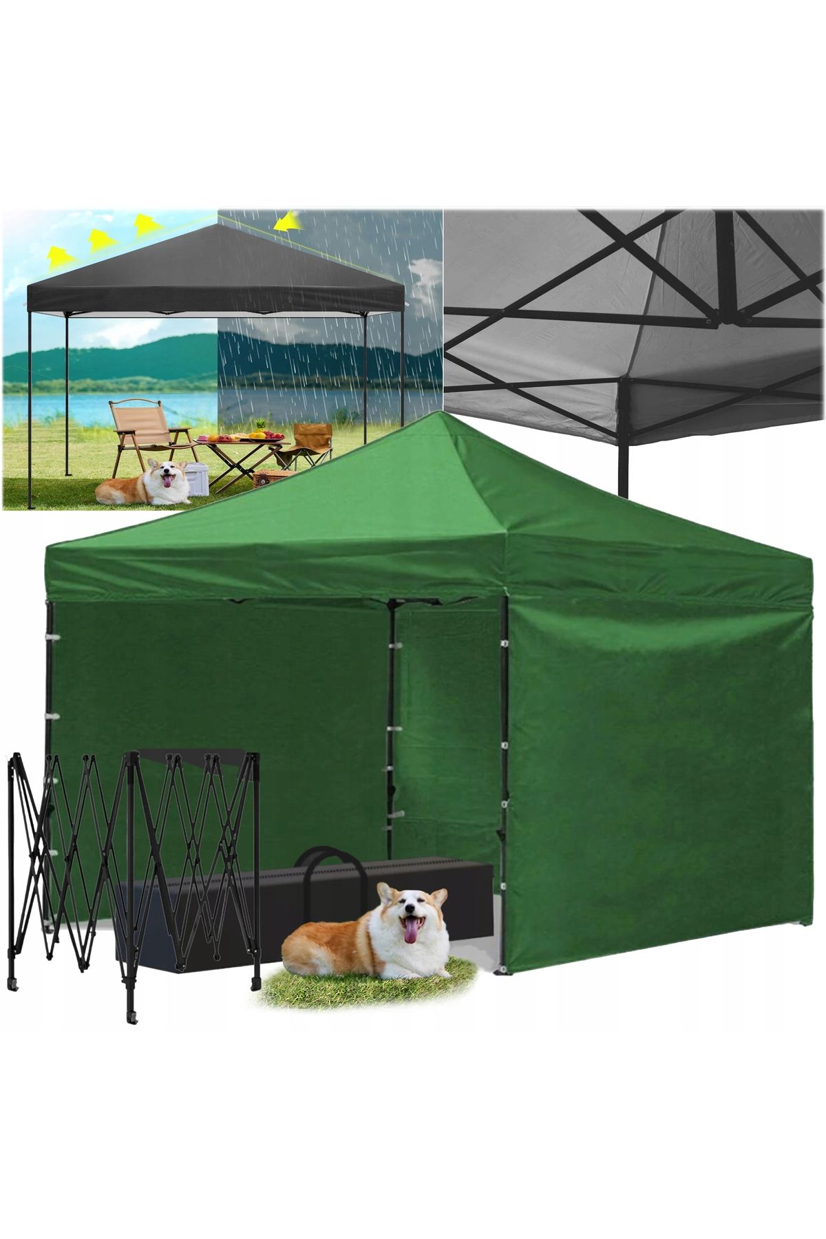 SERSIMO-Cort tip pavilion cu 3 pereti laterali, structura solida otel, 3x3 m cu inaltime reglabila, verde 6