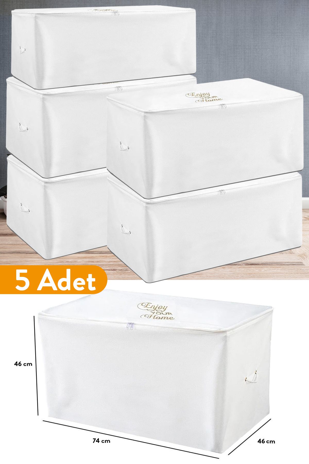 teknotrust 5'li Set Büyük Beyaz Hurç, 74x46x46 cm, depolama ve düzenleme için ideal.