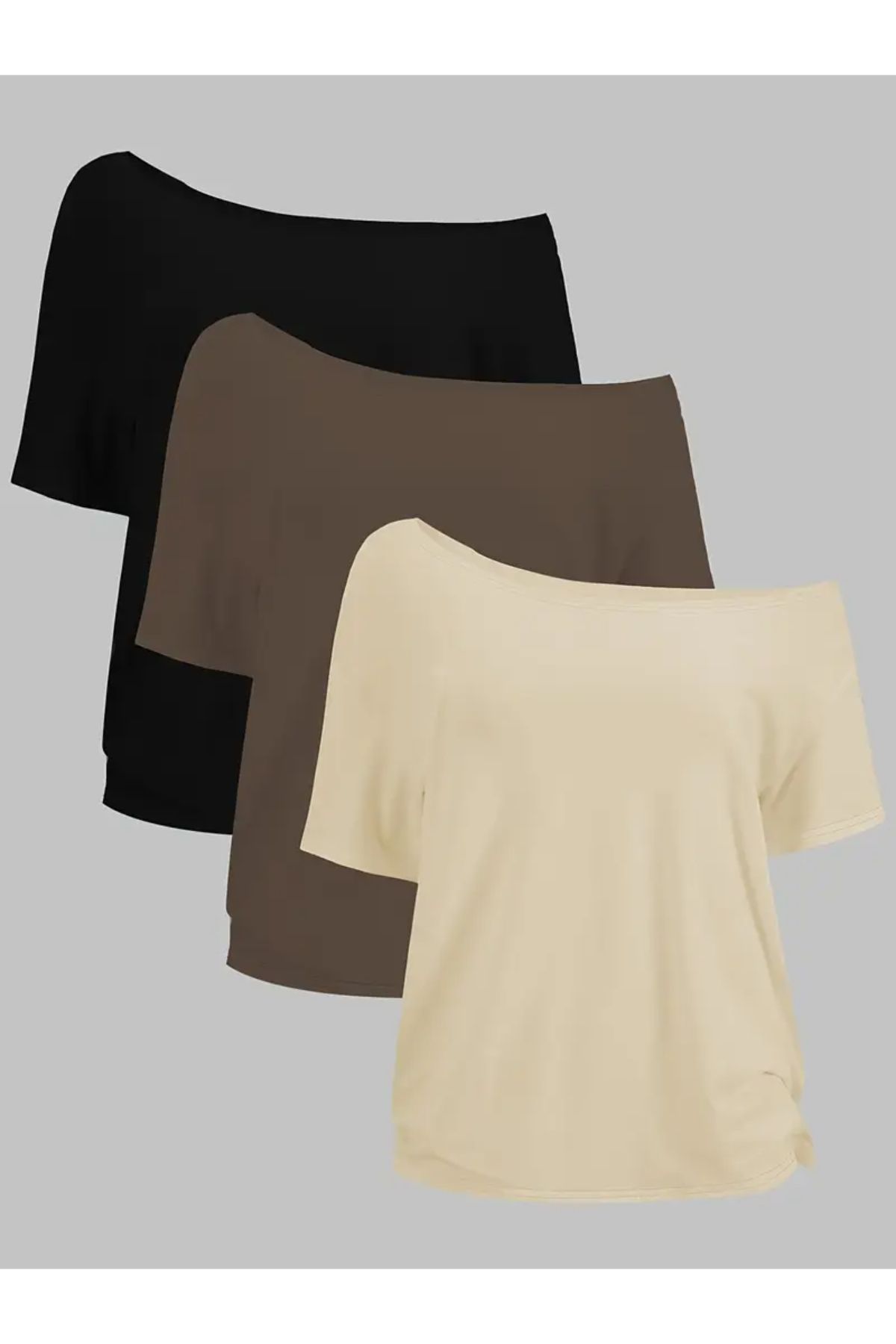 npLStore Kadın Düşük Omuz Kayık Yaka 3'lü T-shirt Set