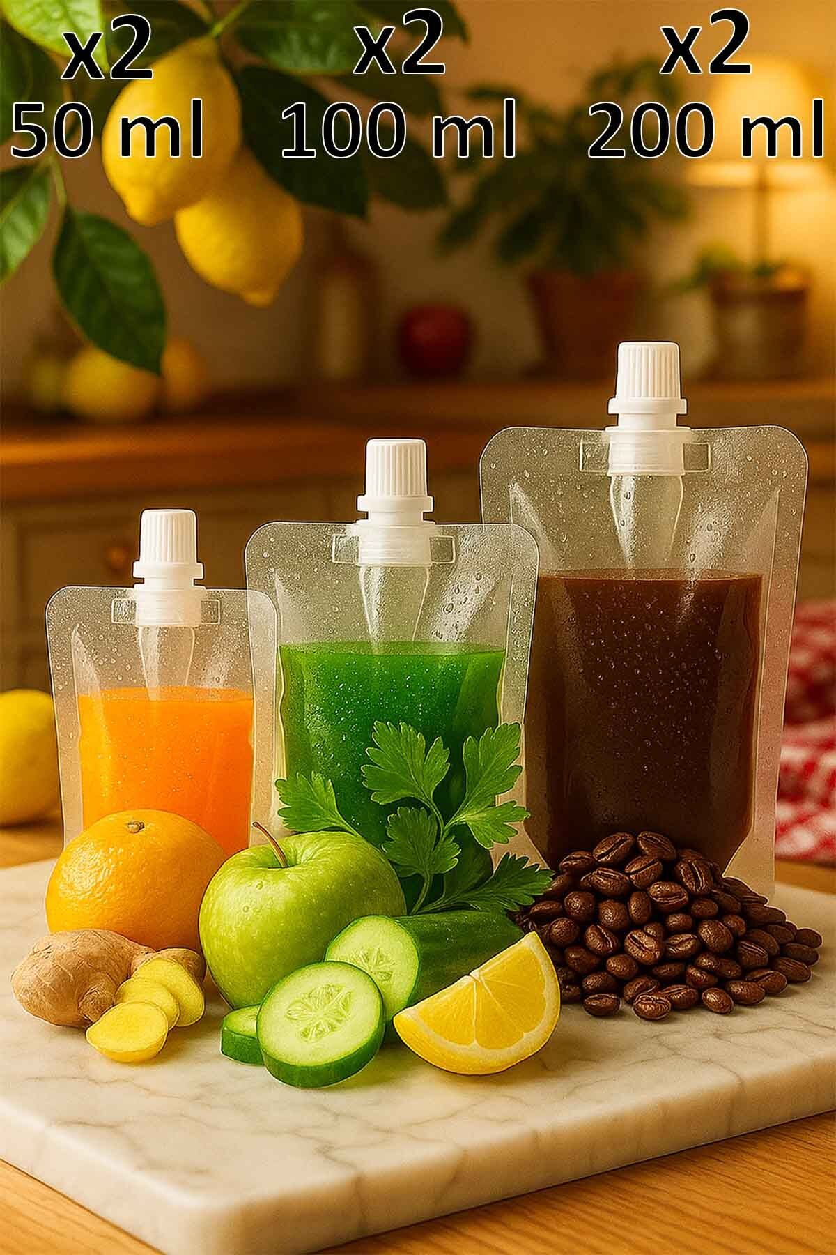 Afra Tedarik Çeşitli Ölçülerde İçecek Torbası 50 ml Ginger Shot, 100 ml Detoks, 200 ml Cold Brew 2'şer Adet