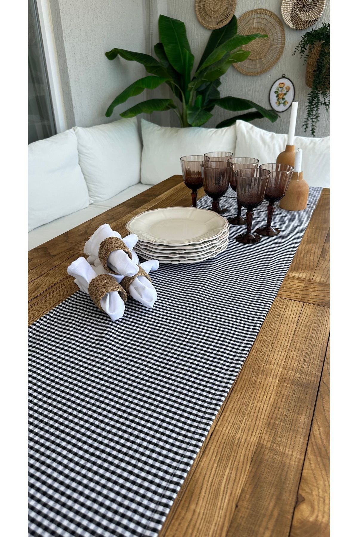 Decamor home Pamuklu Keten Siyah Beyaz Mini Pötikareli Runner