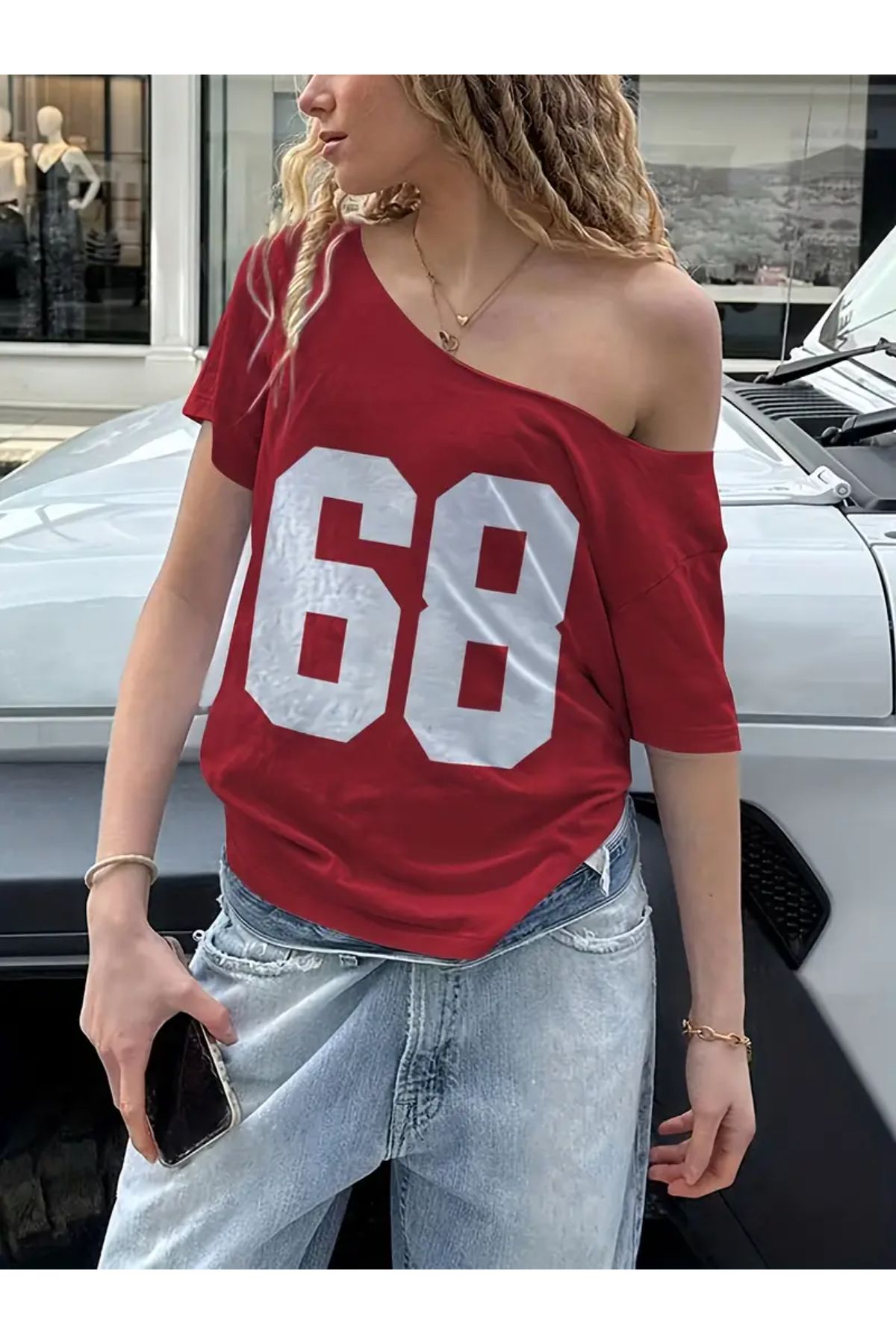 Machetta Kadın Düşük Omuz Kayık Yaka 68 Baskılı T-shirt