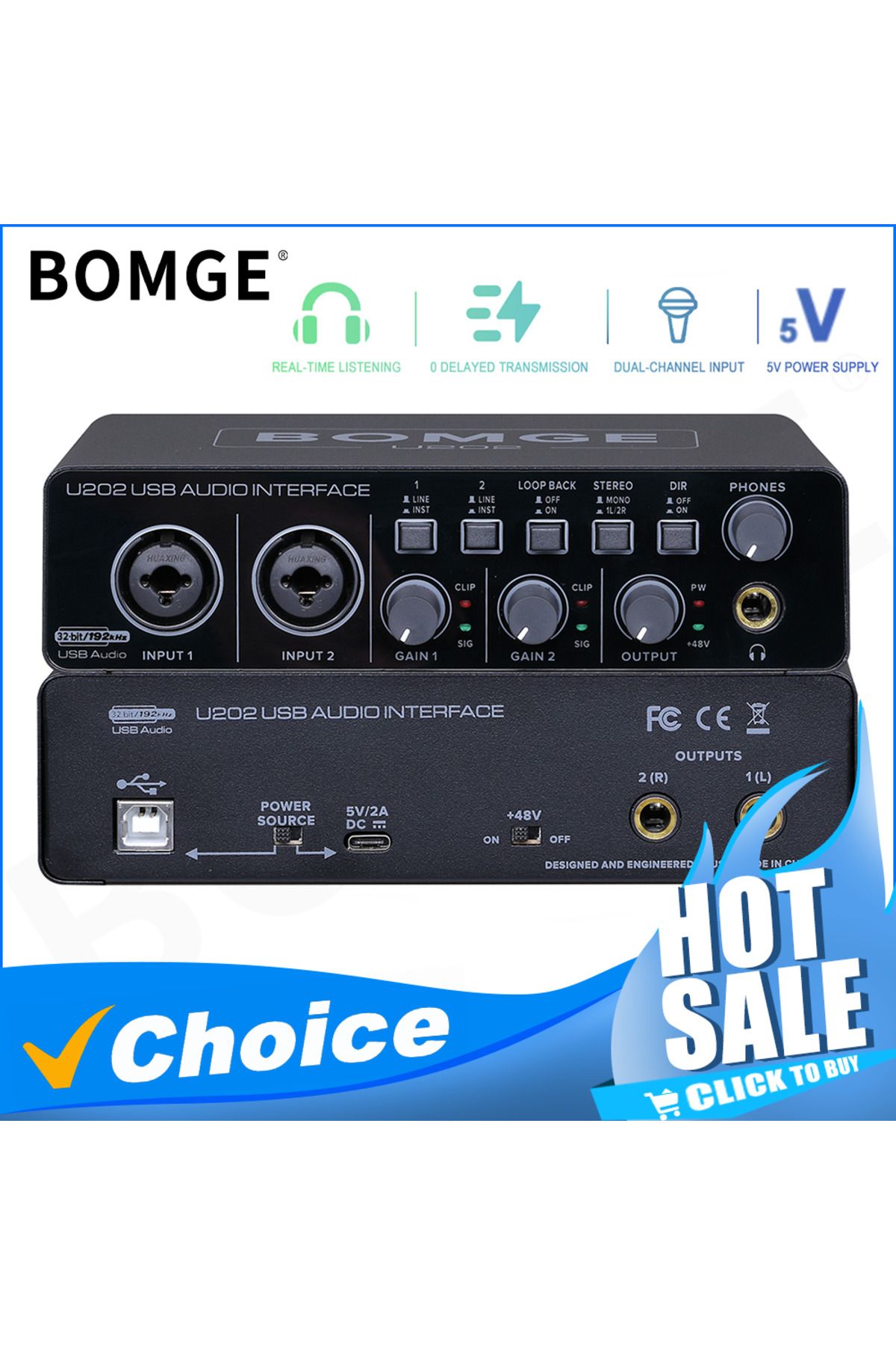 Choice-BOMGE U202 USB Audio Interface with Mic Preamplifier XLR/TSR/TS Ports 48V 32-Bit/192kHz Resolutio... 1