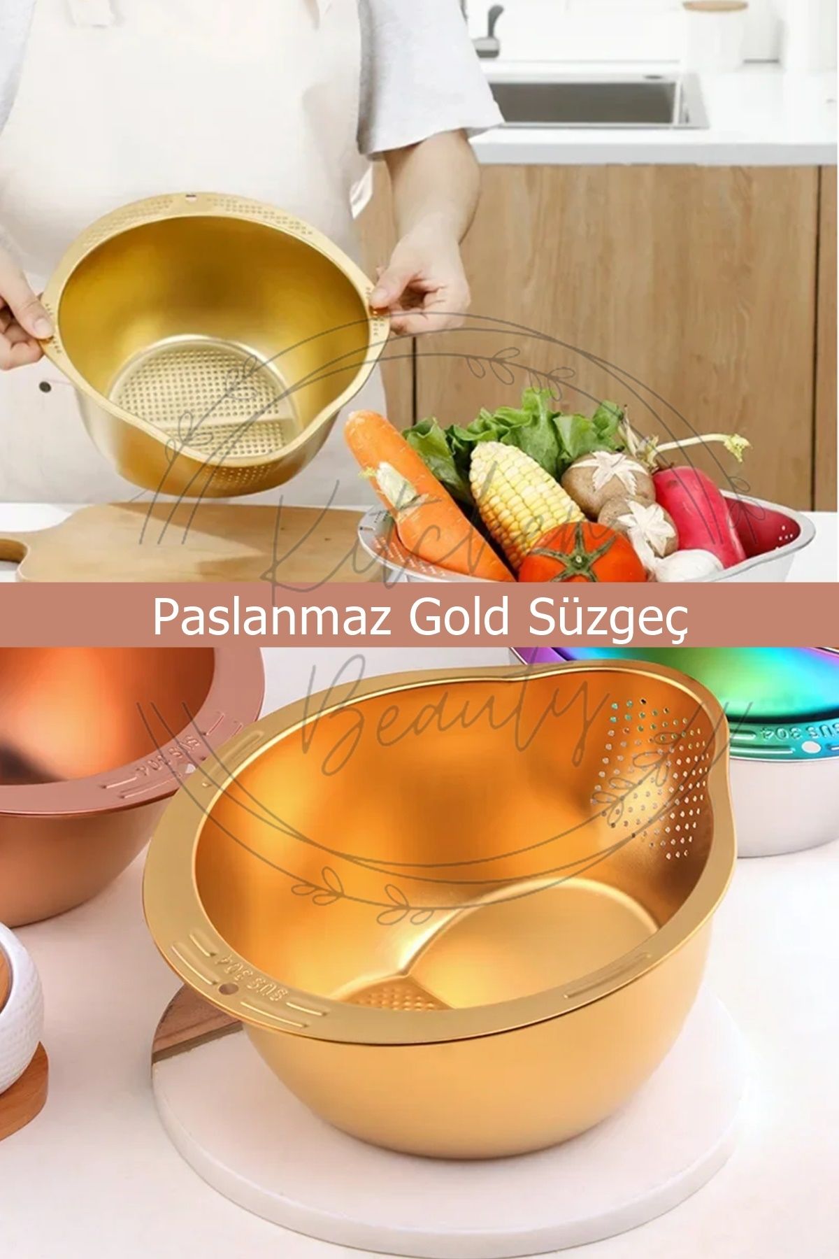 Kitchen Beauty Gold Paslanmaz Çelik Pirinç Süzgeci Makarna Salata Süzgeci 304 Paslanmaz Çelik Süzgeç Metal Süzgeç