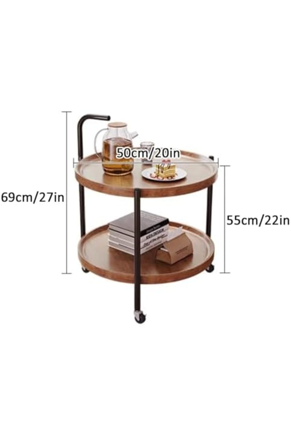 Generic-Round Coffee Table with Rolling Wheels, Movable End Table/Bedside Table, 2 Layers Small Trolley for 6