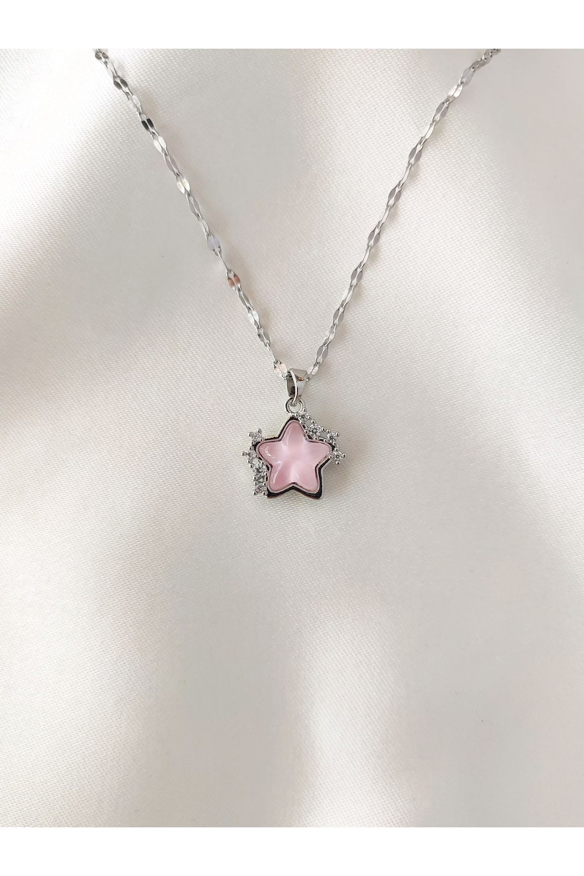 Evorya Kadın Paslanmaz Çelik Zirkon Taşlı Pembe Yıldız Kolye
