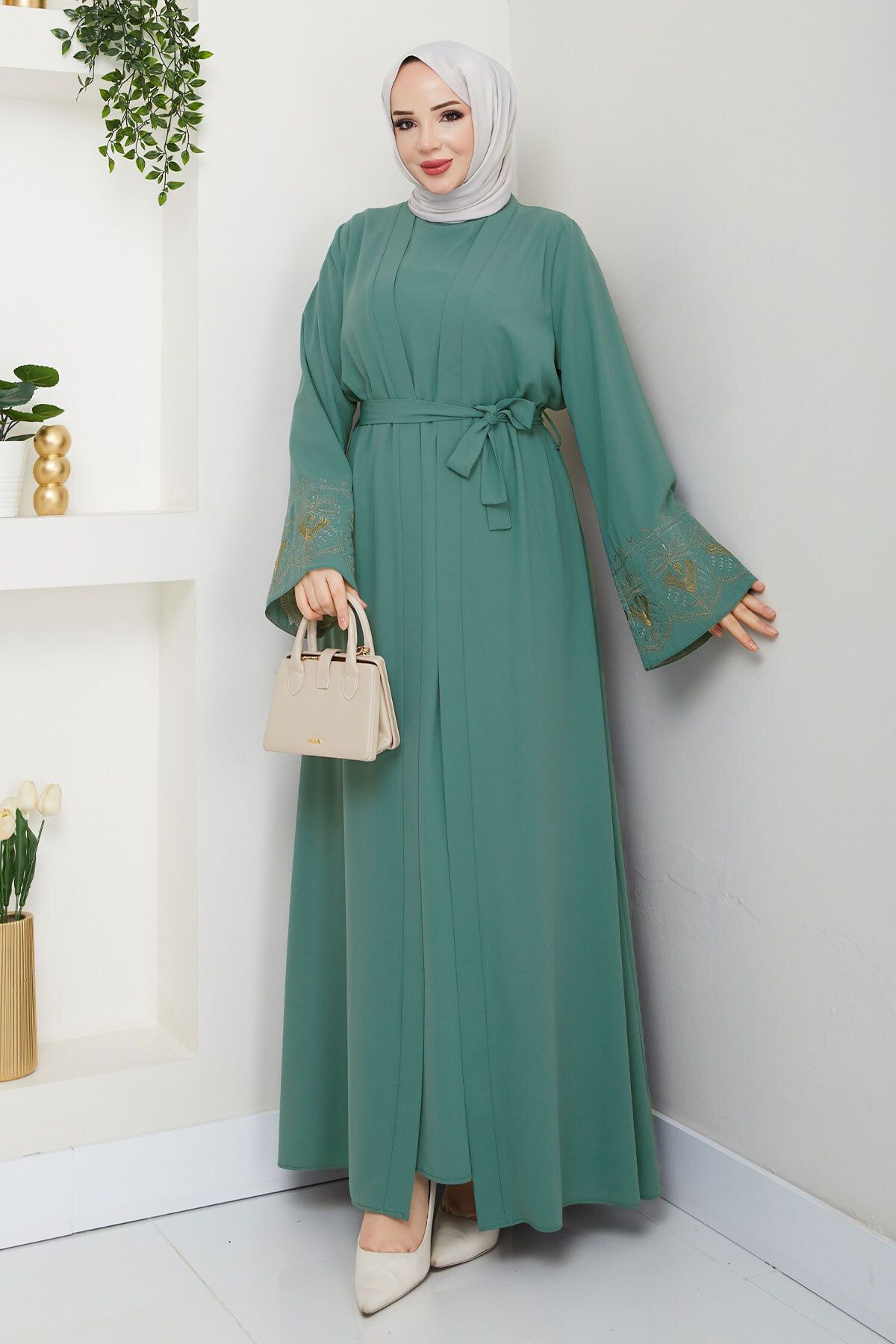 Tesettür Dünyası Nakışlı İç Elbiseli Abaya Takım TSD250197 Mint Yeşili
