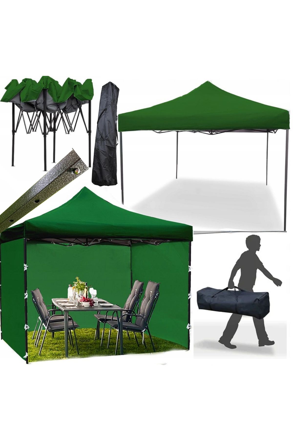 SERSIMO-Cort tip pavilion cu 3 pereti laterali, structura solida otel, 3x3 m cu inaltime reglabila, verde 9