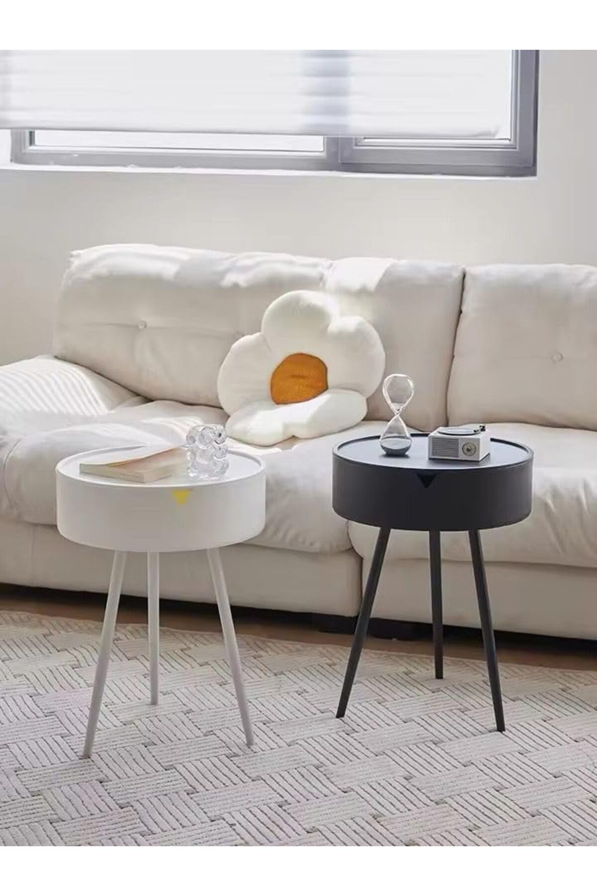 Generic-Round Side Table with Triangle Metal Legs, Coffee Table with Storage Shelf, Bedside Table, Black Col 5