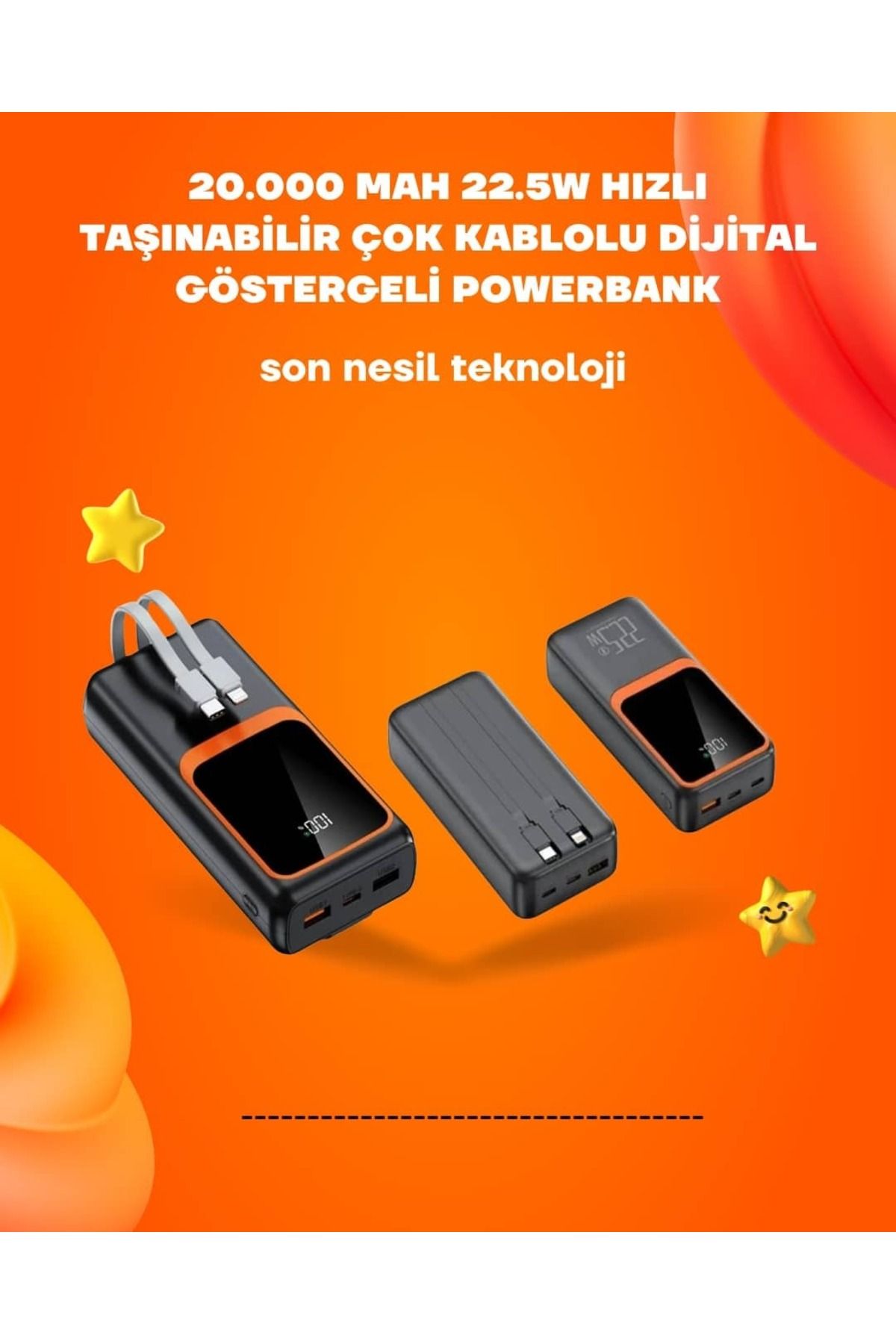 FTA TİCARET Powerbank 20000 mAh | 22.5W Hızlı Şarj, Dahili Kablolu, LCD Ekranlı Şarj Cihazı