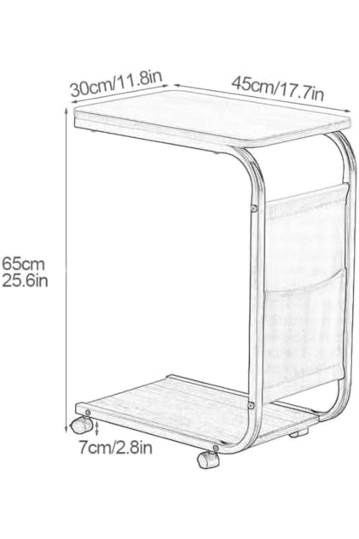 Generic-C Shaped End Table, Side Table with Metal Frame, End Table TV Tray, Sofa Table WIth Rolling Casters, 2