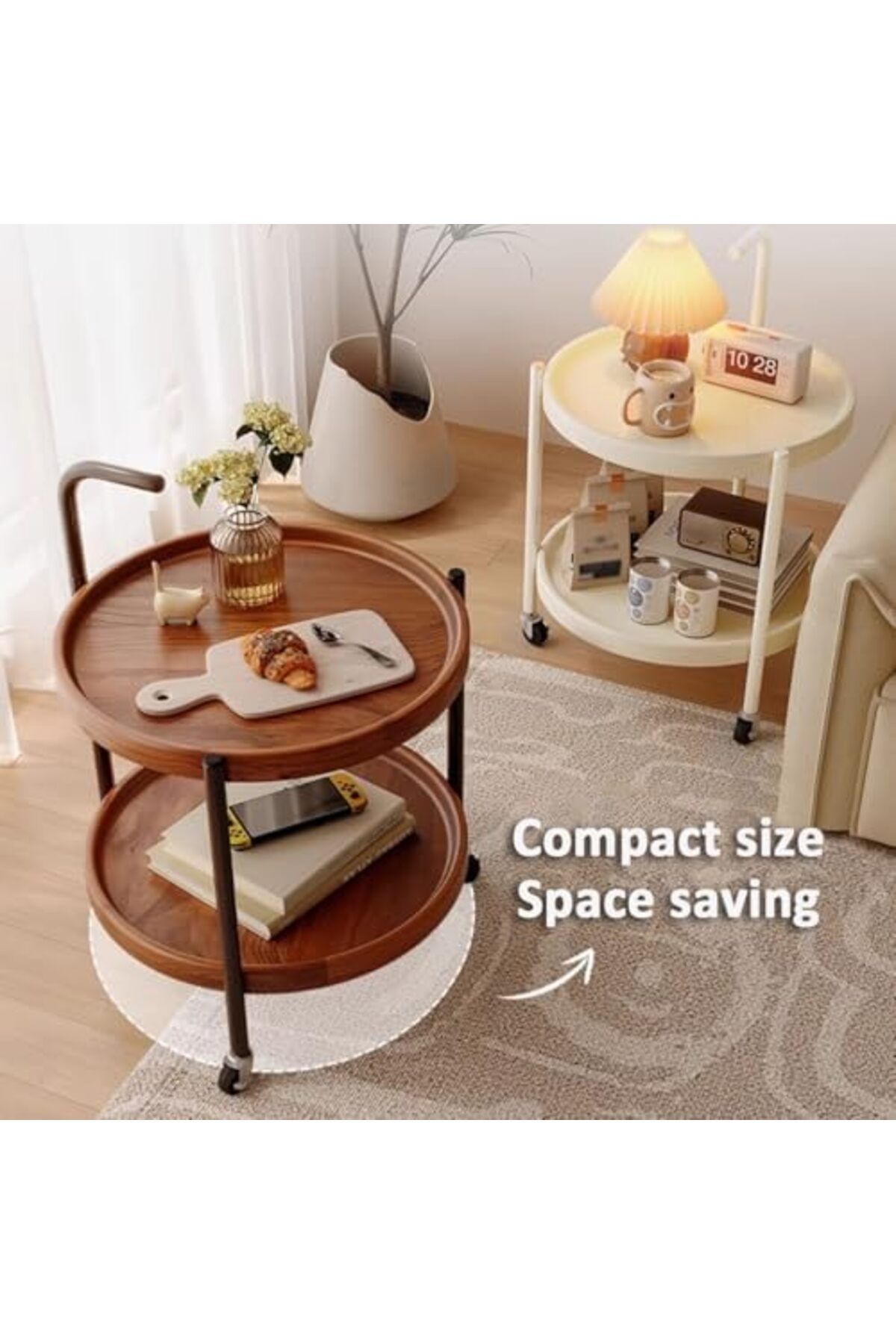 Generic-Round Coffee Table with Rolling Wheels, Movable End Table/Bedside Table, 2 Layers Small Trolley for 2