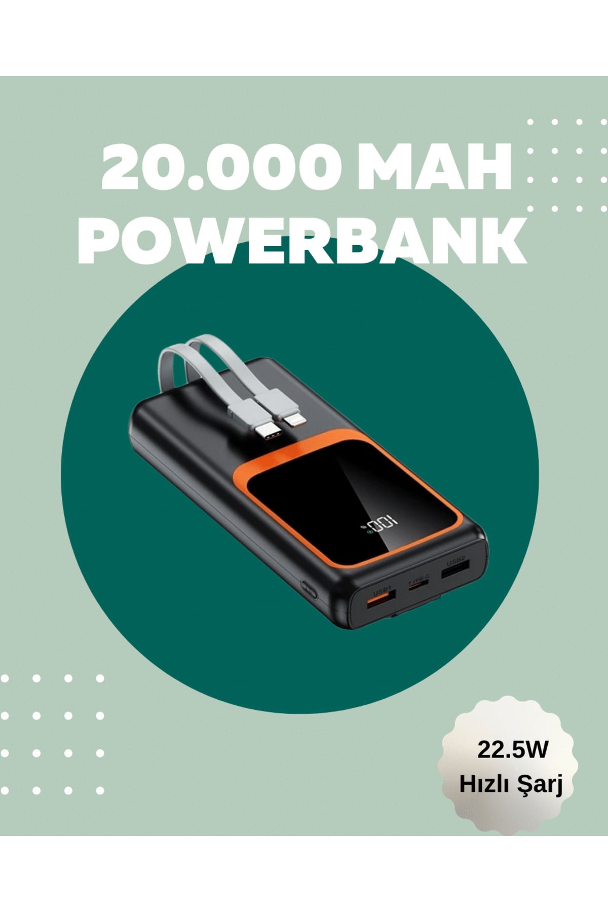 FTA TİCARET Dijital Ekranlı 20.000 mAh Powerbank | 22.5W Hızlı Şarj + Çoklu Bağlantı Seçeneği