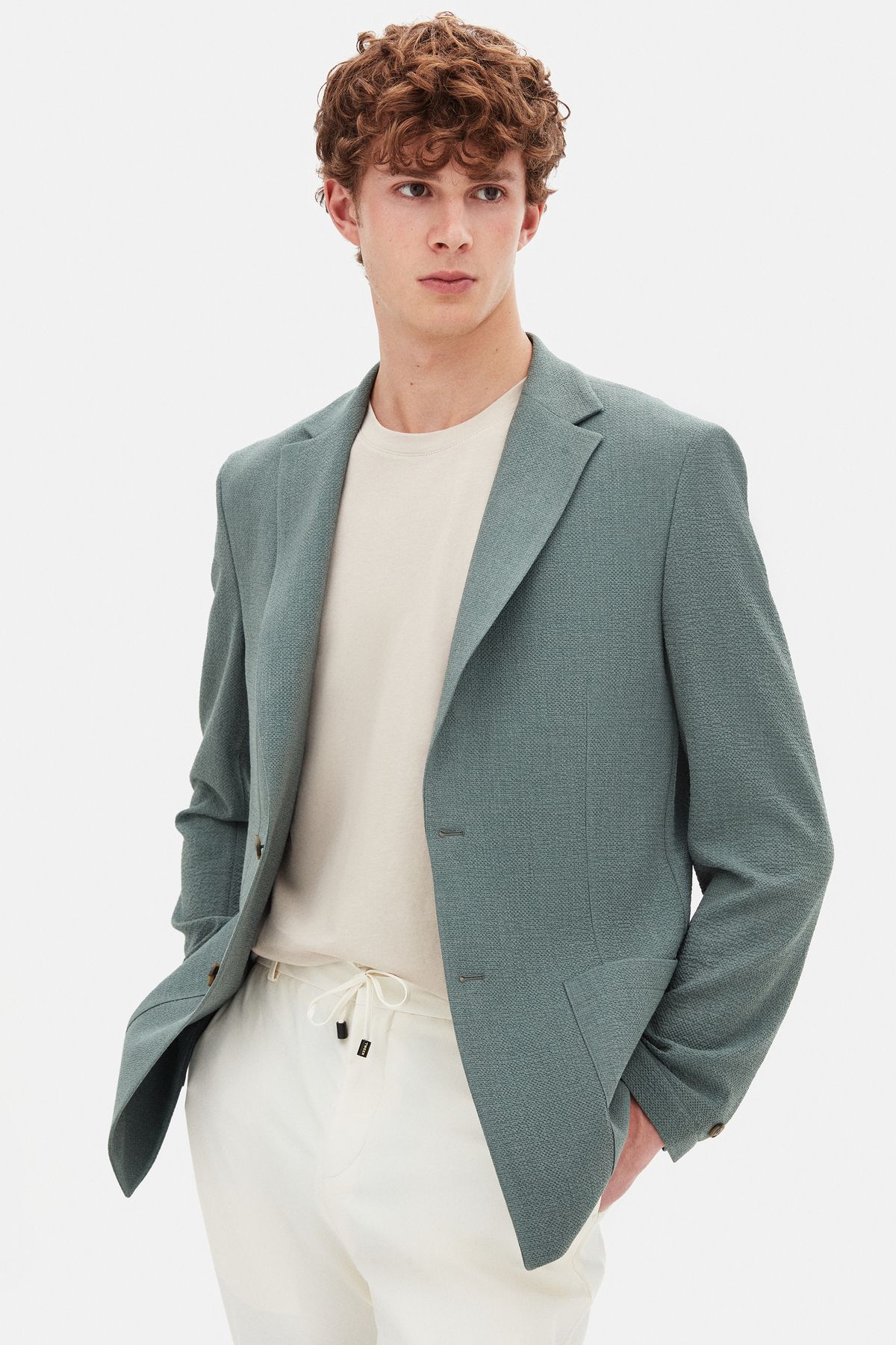 Tween Slim Fit Koyu Yosun Armürlü Kumaş Ceket
