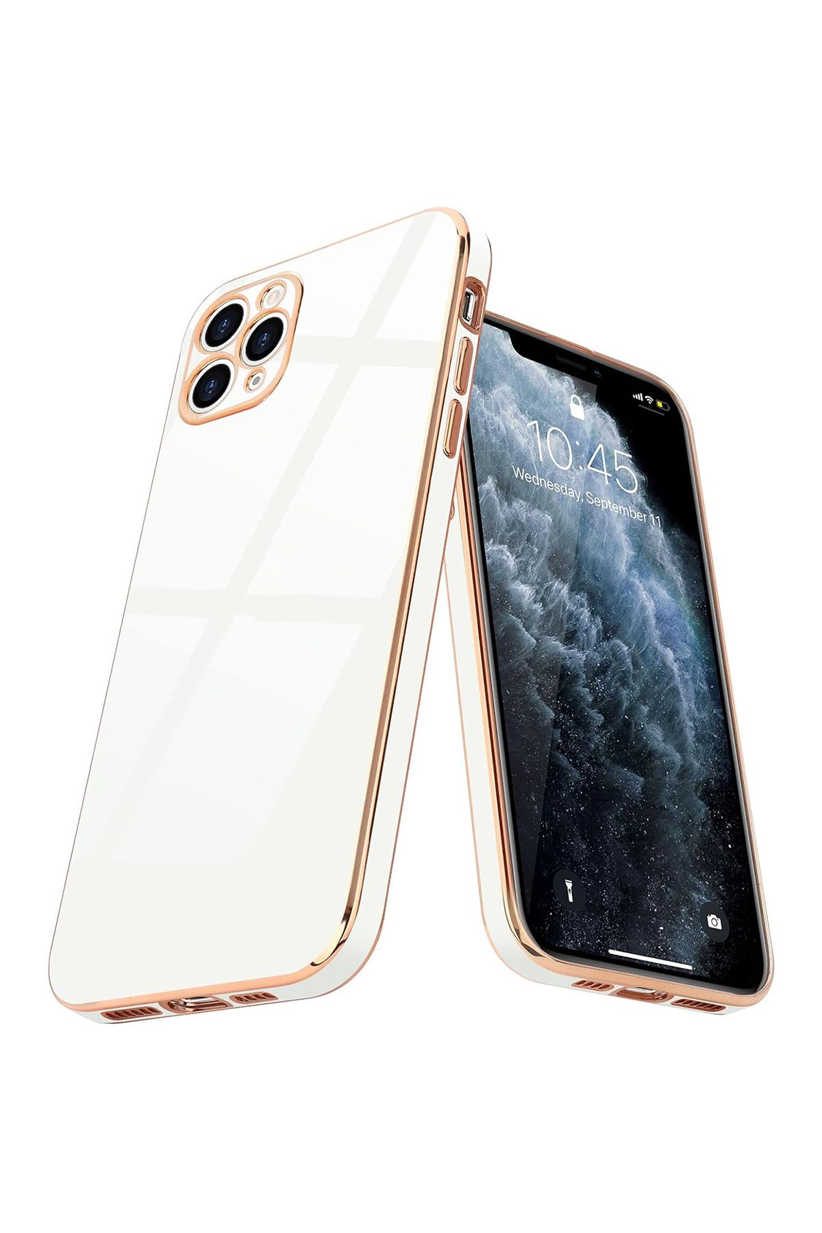 Merwish iPhone 11 Pro Max Uyumlu Lazer Kesim Gold Çerçeve Beyaz Kapak Kılıf