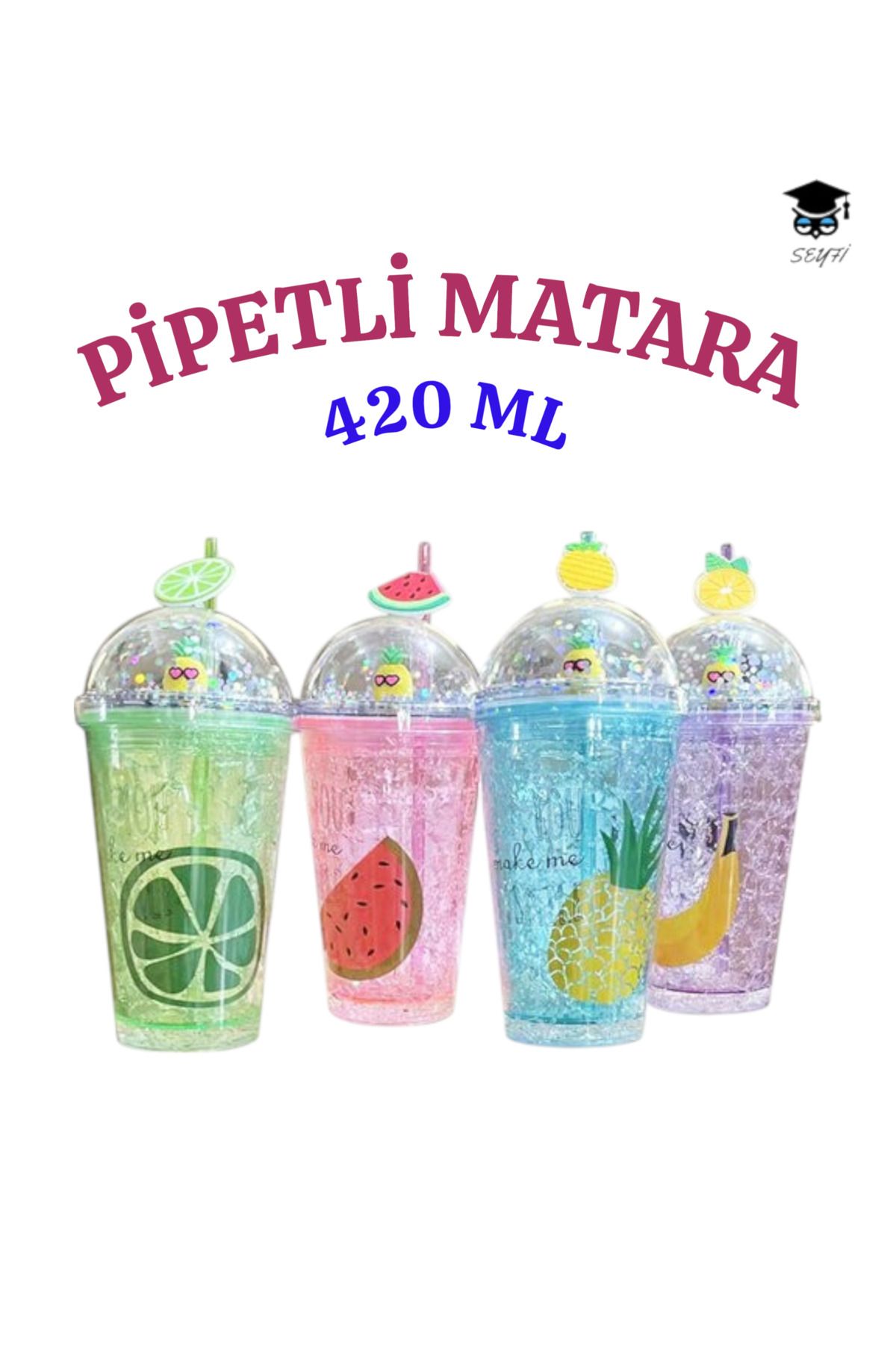SEYFİKİRTASİYE 1 Adet Desenli Plastik Pipetli Bardak 420 ml Karma Renk Yollanmaktadır