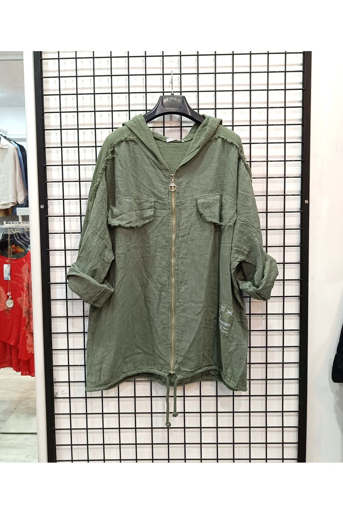 Butik Şans Kapüşonlu File Detaylı Fermuarlı İtalyan Keten Ceket