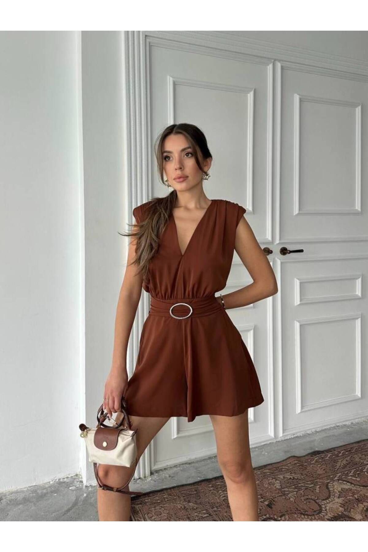MAXMOOR ELİJAH KEMERLİ V YAKA KAHVERENGİ TULUM