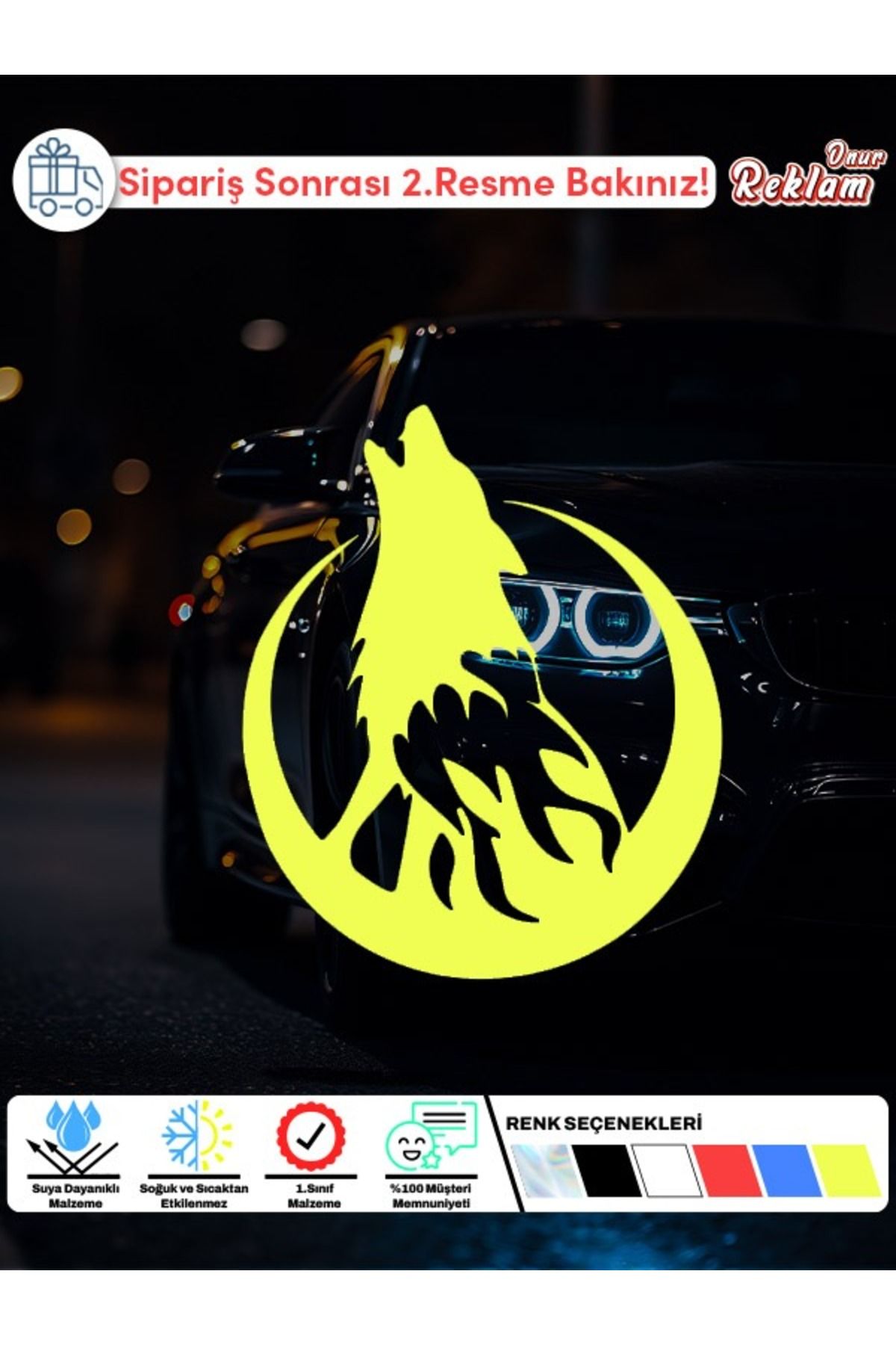 Onur Reklam Uluyan Kurt & Ay Figürlü Araç Sticker – 15x22 cm – Holografik Seçenekli