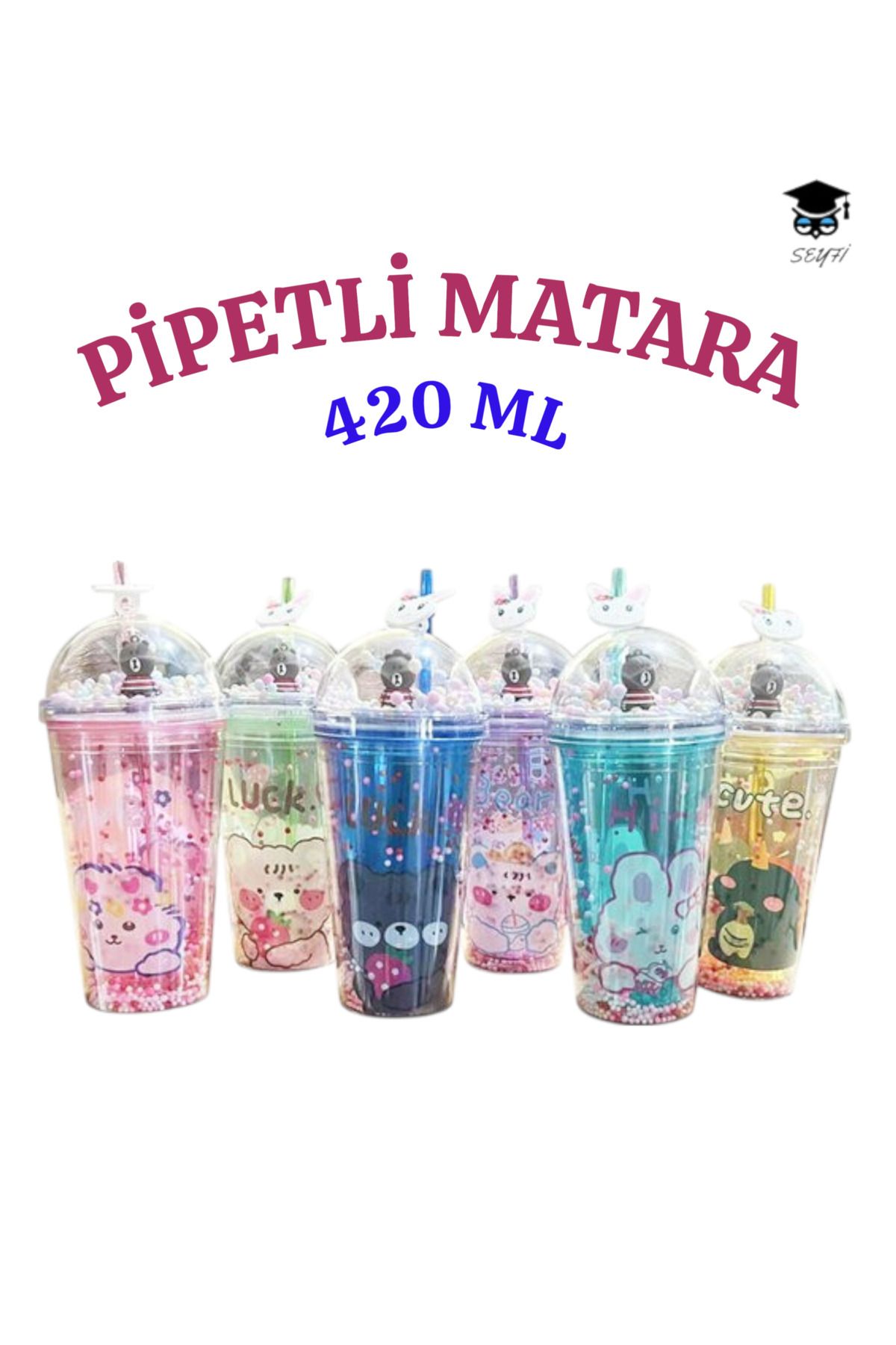 SEYFİKİRTASİYE 1 adet Desenli plastik pipetli bardak 420ml karma renk yollanmaktadır