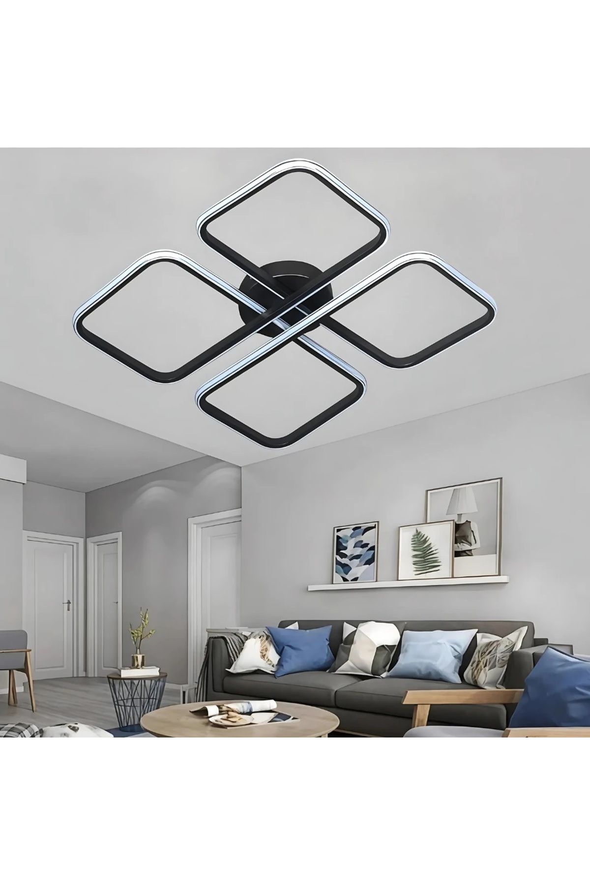 durulight Asel Siyah Modern Tasarım Krom Çizgili Plafonyer Ultra Power Beyaz Ledli Avize