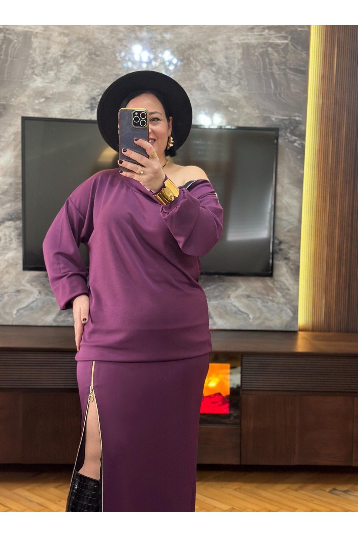Vio Moda Büyük Beden Fermuarlı Etekli Modal Takım