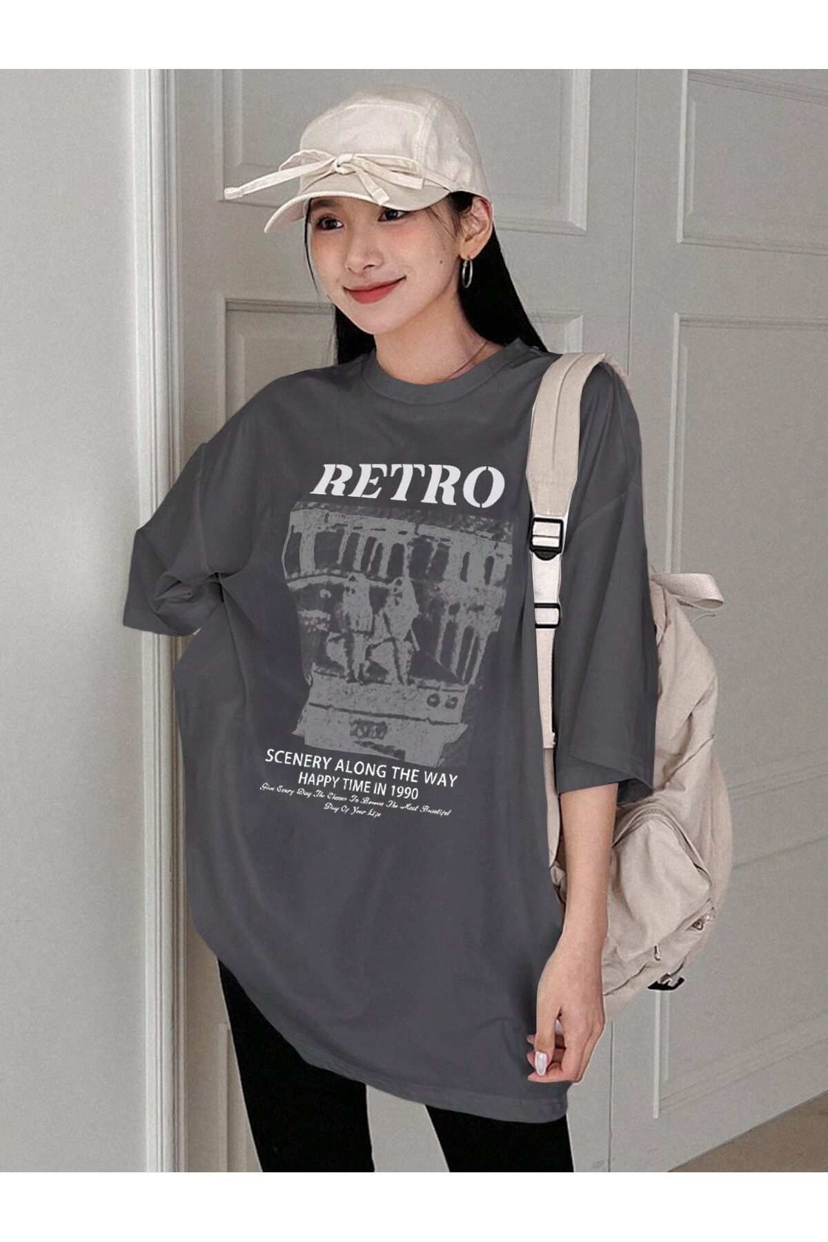 JANSO GROUP Kadin Pamuklu Baskli Amortentia Kisa Kollu Tshirt Oversi̇ze Büyük Beden