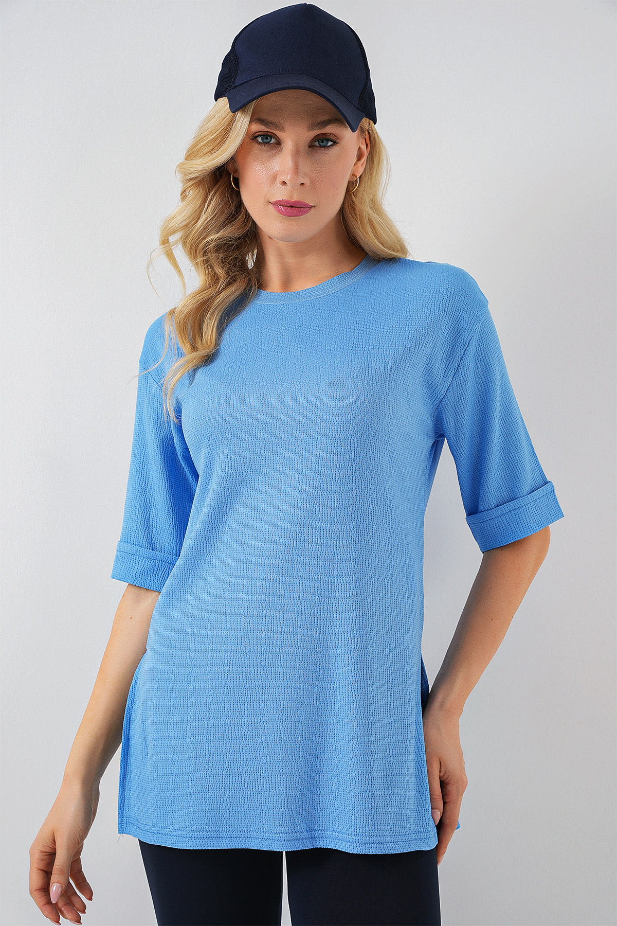 Bigdart-4332 Knitted T-Shirt with Side Slits - B.Blue 3