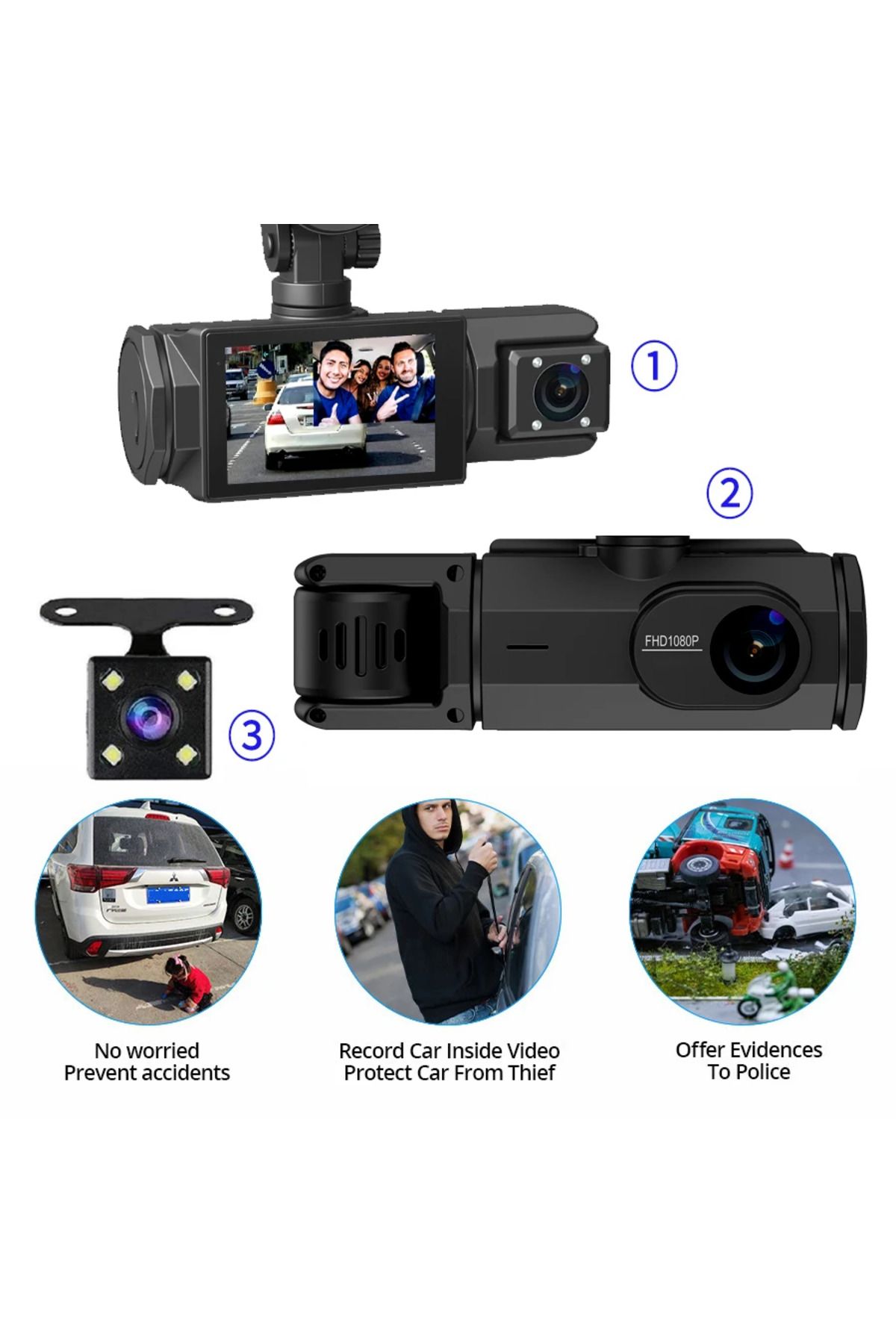 Venas 1080p Full HD 3 Kameralı Hafıza kartına kayıtlı Hareket Algılamalı Araç Kamerası