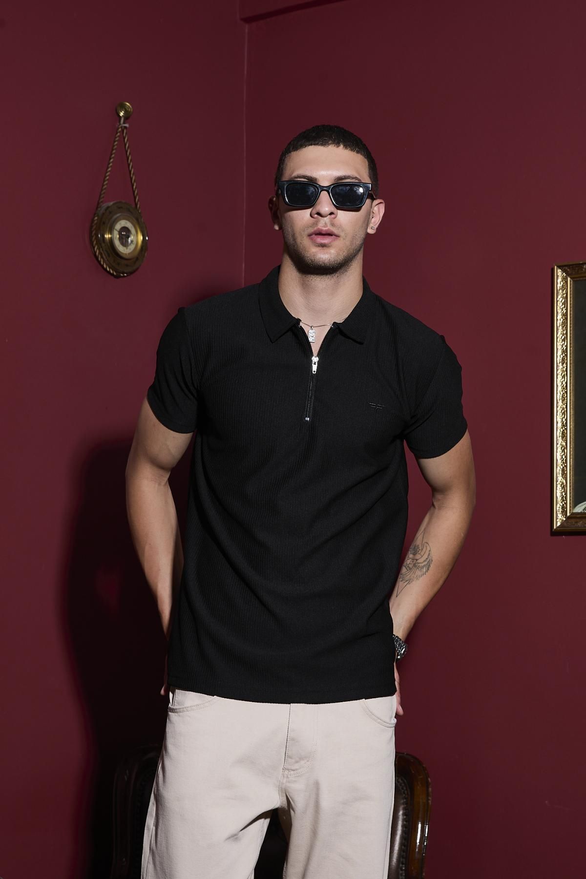 DAMGA JEANS Erkek Kısa Kol Fermuarlı Siyah Polo Yaka Tişört
