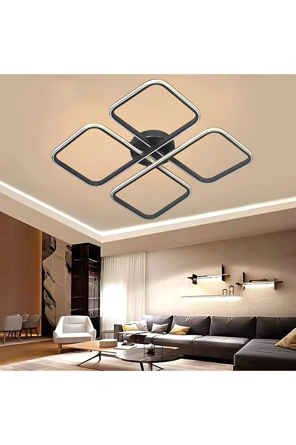 durulight Asel Siyah Modern Tasarım Gold Çizgili Plafonyer Ultra Power Beyaz Ledli Avize