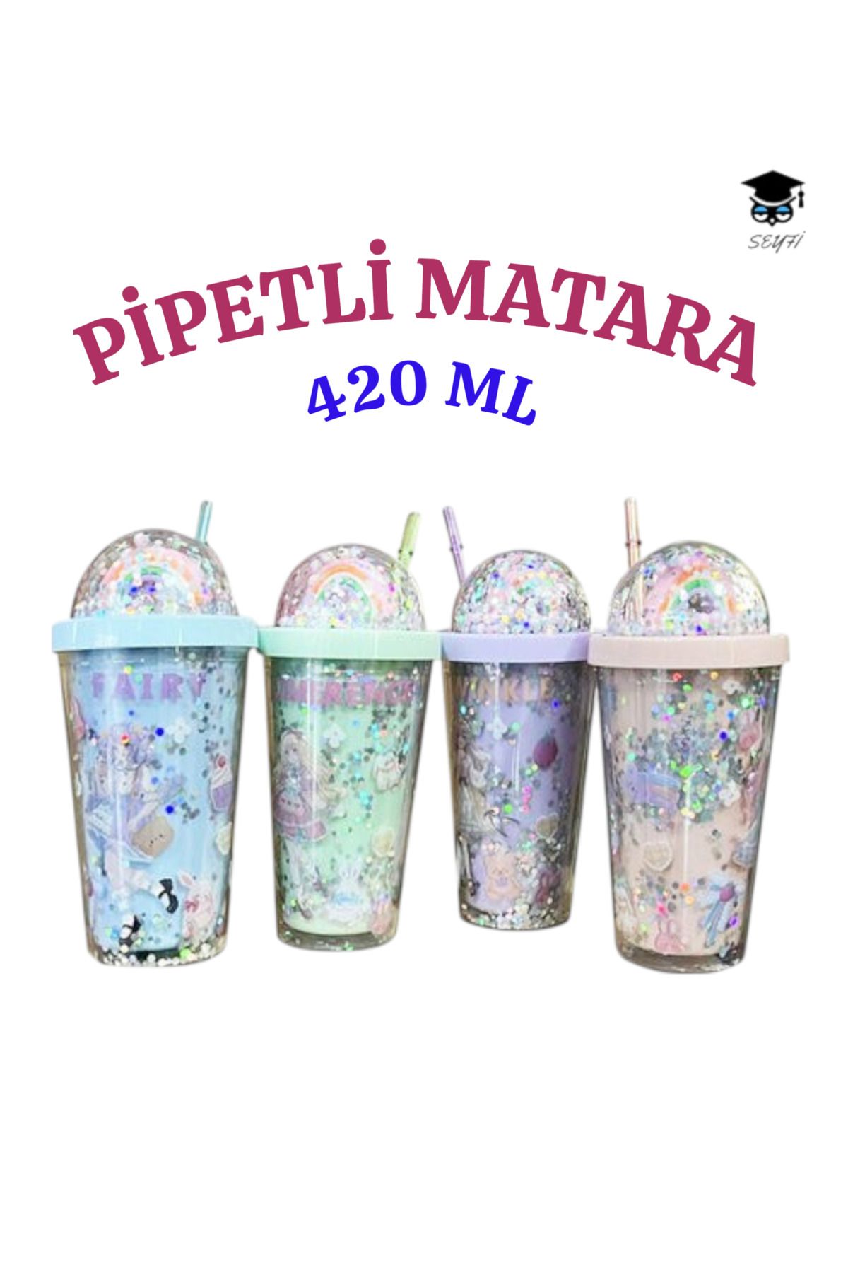 SEYFİKİRTASİYE 1 adet Desenli plastik pipetli bardak 420ml karma renk yollanmaktadır