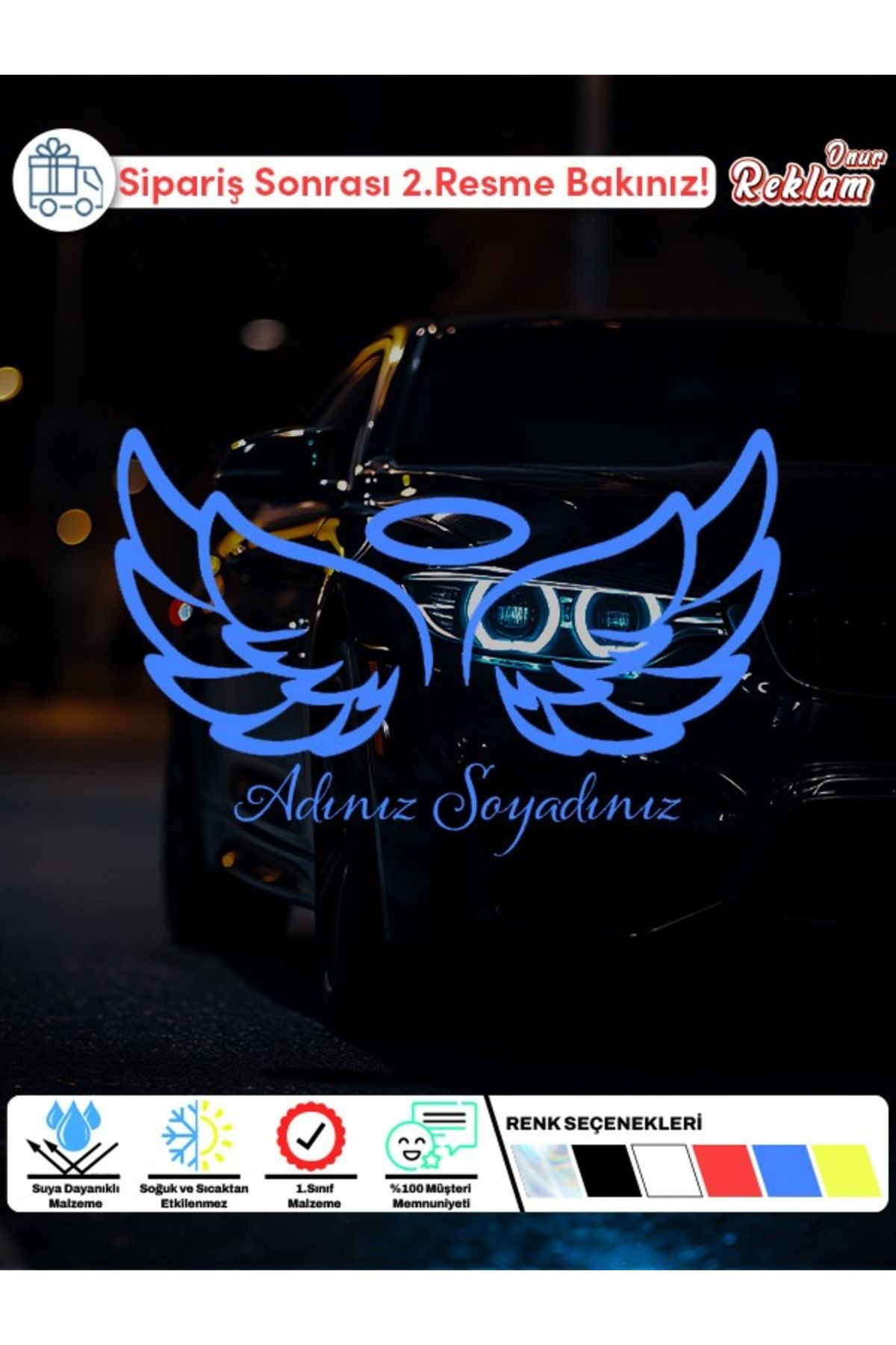 Onur Reklam Kişiye Özel Melek Kanadı Araç Sticker – İsim Yazılabilir – 15x22 cm