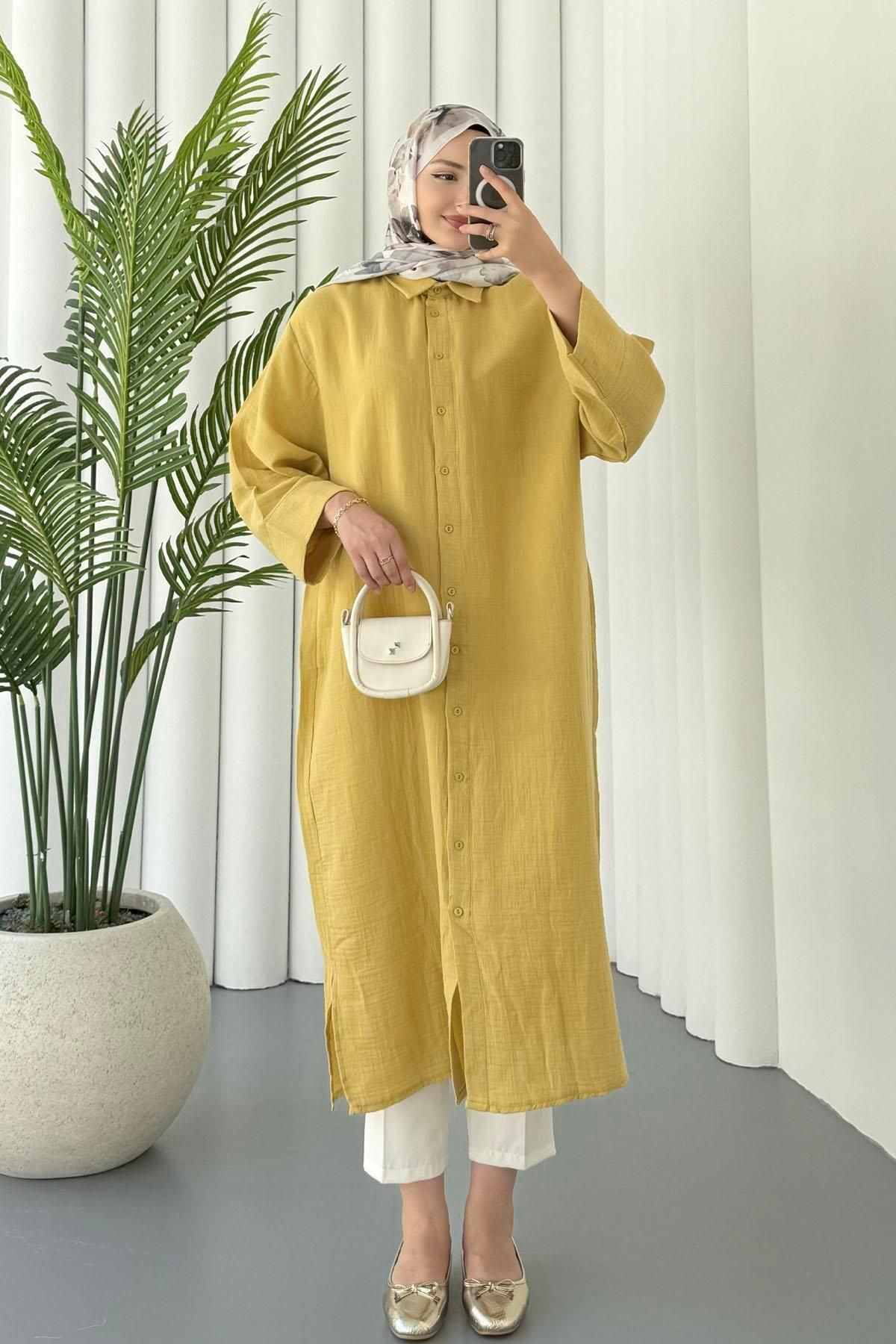 Modaensarbutik Boydan Düğmeli Geniş Kesim Araboy Tunik-OLİVE