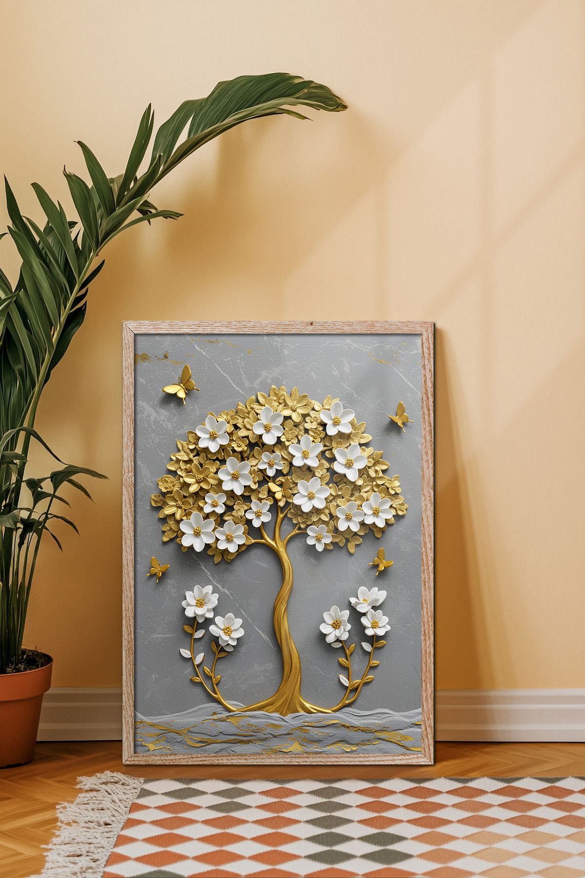 sames decoration Kabartma görünümlü (Kabartma değildir) altın yapraklı ağaç - Tekli tablo