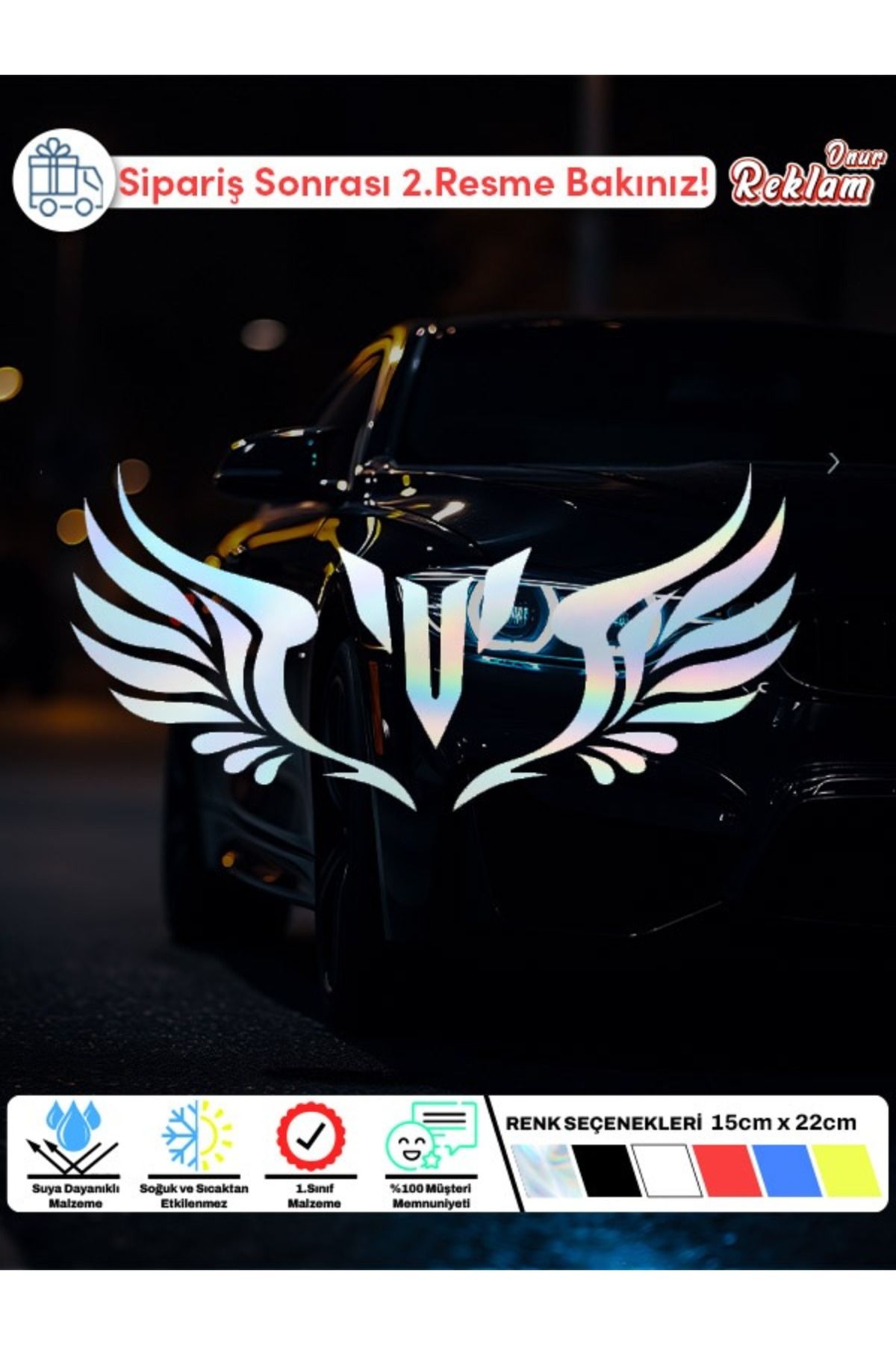 Onur Reklam V Harfi Kanat Desenli Araç Sticker – 15x22 cm – Suya Dayanıklı