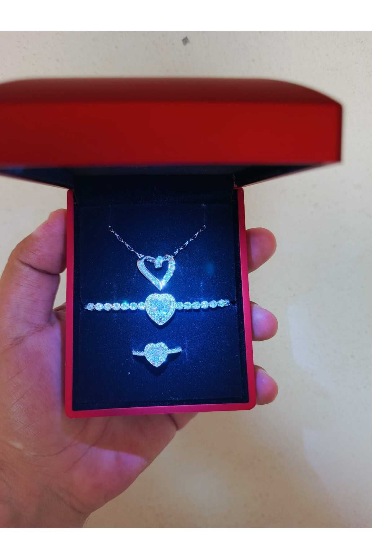 JUPİTER HOME ışıklı Kutuda Çelik Bileklik Dügümlü Kolye Ve Yüzük Setti Arkadaşa Sevgiliye Dogum Günü Hediyesi