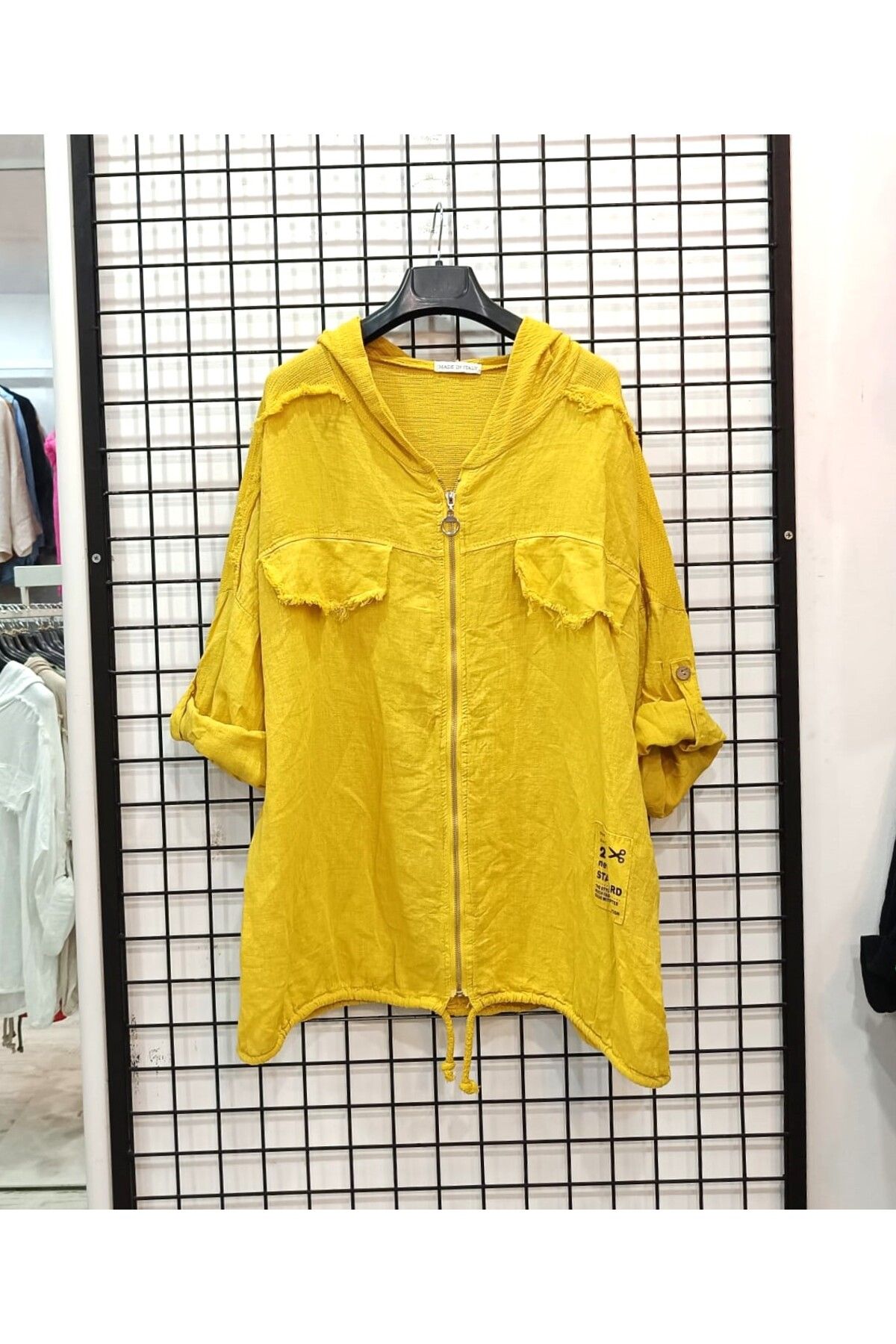 Butik Şans Kapüşonlu File Detaylı Fermuarlı İtalyan Keten Ceket