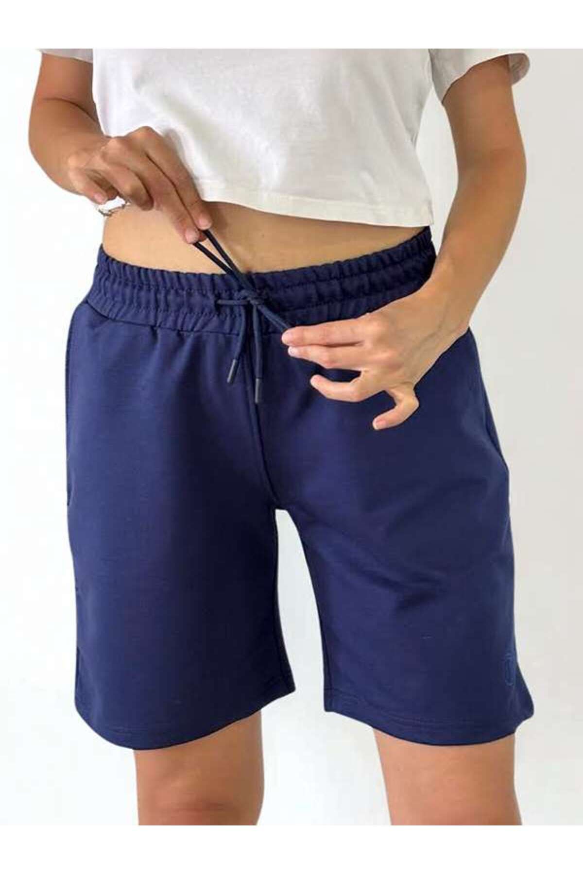 TREE TONE Unisex Beli Bağlamalı Pamuklu Cepli LACİVERT Şort